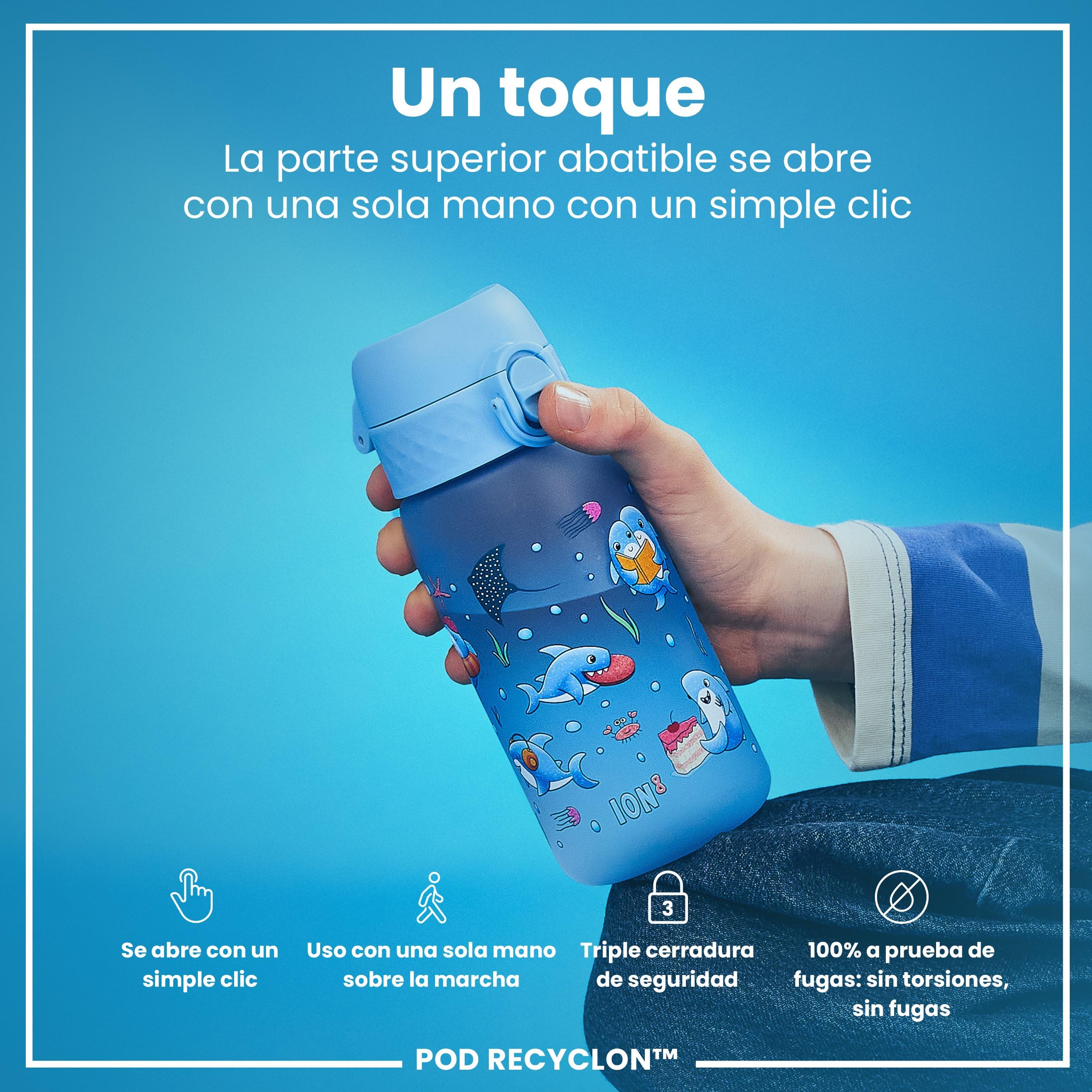 ION8 Botella de Agua para Niños, 350ml, a Prueba de Fugas, Fácil de Abrir, Cerradura Segura, Apta para Lavavajillas, Sin BPA, Asa de Transporte, Fácil de Limpiar, Neutro en Carbono, Tiburones