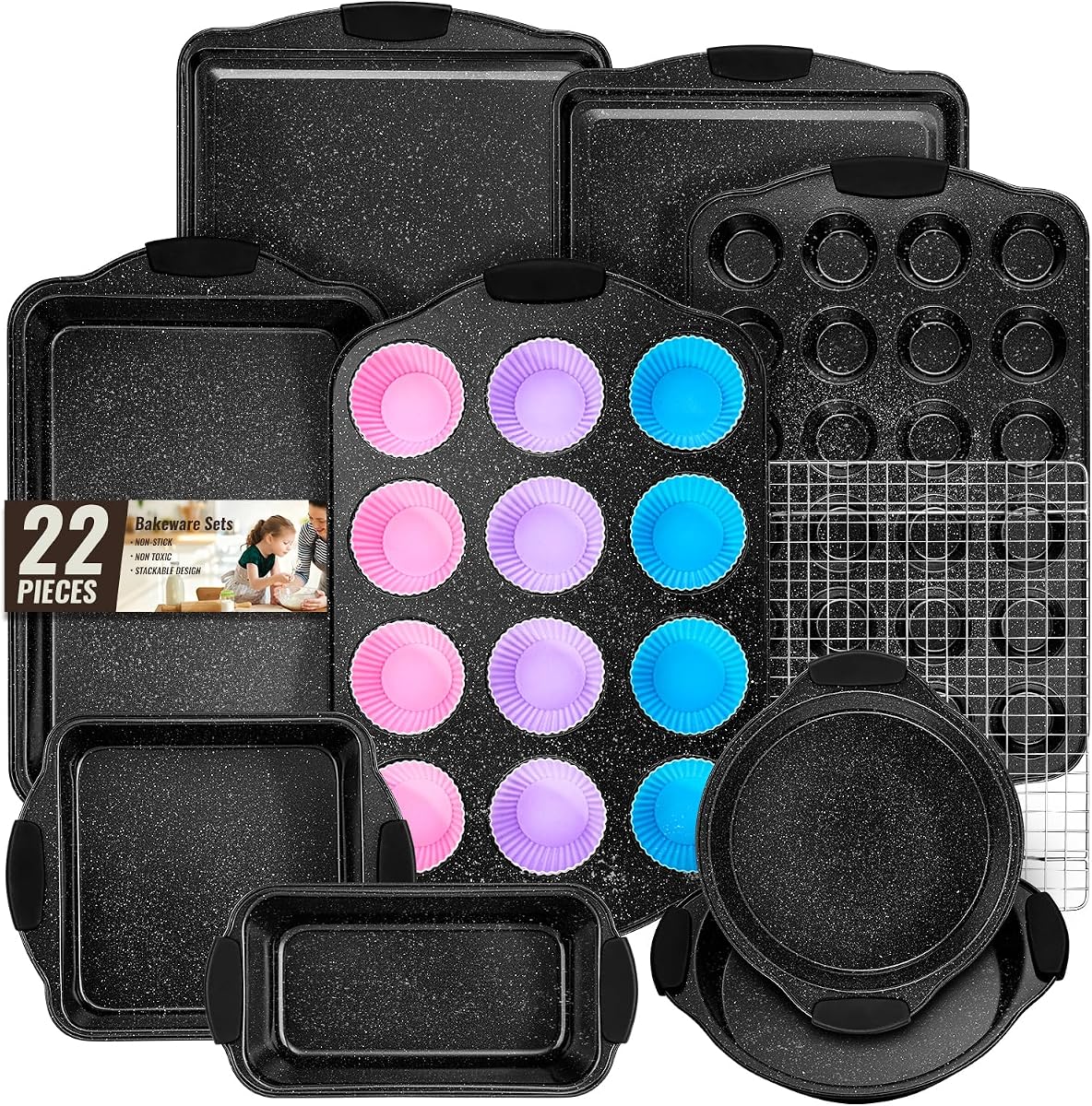 Baking Pans Set Nonstick, Bakeware Sets Stackable with Silicone Handles, AIVIKI 22 Pieces Oven Pan for Cooking Including Baking Cookie Sheet with Rack, Roast Pan, Cake Pan, Loaf Pan, Muffin Pan, Black