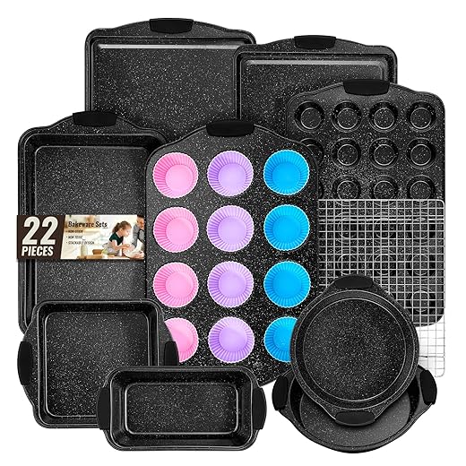 Baking Pans Set Nonstick, Bakeware Sets Stackable with Silicone Handles, AIVIKI 22 Pieces Oven Pan for Cooking Including Baking Cookie Sheet with Rack, Roast Pan, Cake Pan, Loaf Pan, Muffin Pan, Black