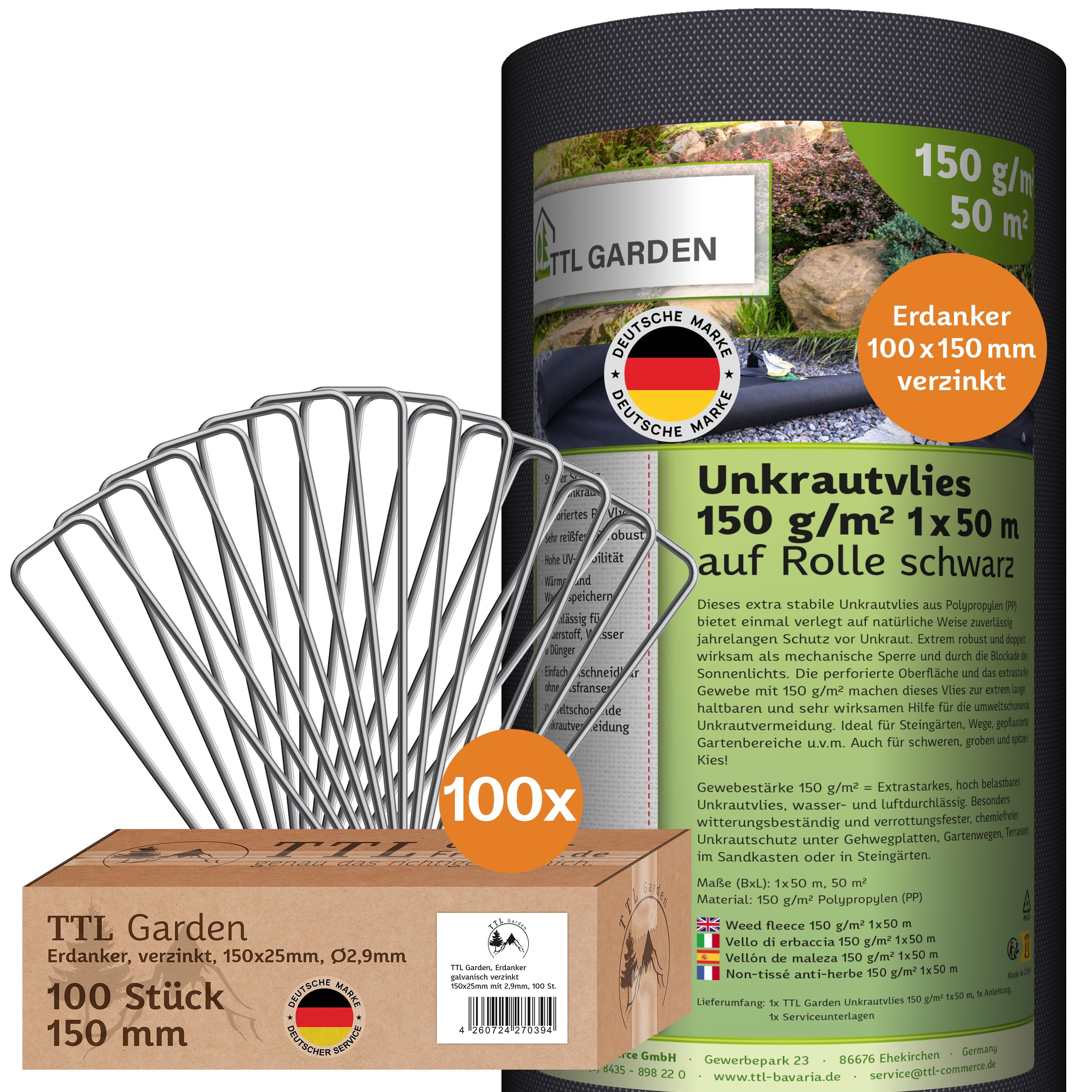 TTL GARDEN Set di tessuto non tessuto da 150 g/m², 50 m², 1 rotolo da 50 m
