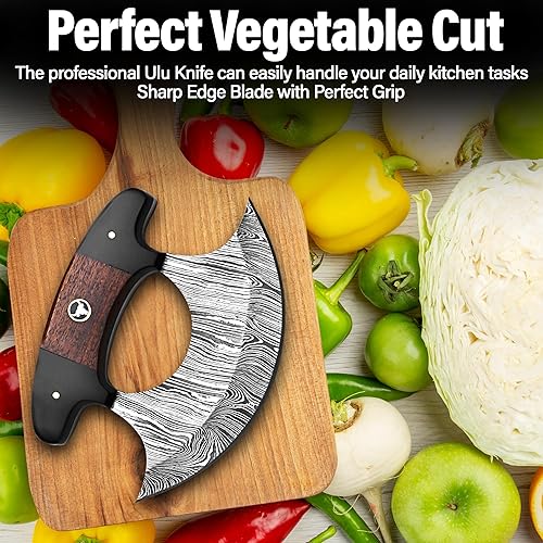 Miniatura 5 de Bodacious Knives Cuchillo Ulu hecho a mano de acero de Damasco de 5.3 pulgadas, cortador de pizza de Alaska, pequeño cuchillo Ulu con vaina, regalo