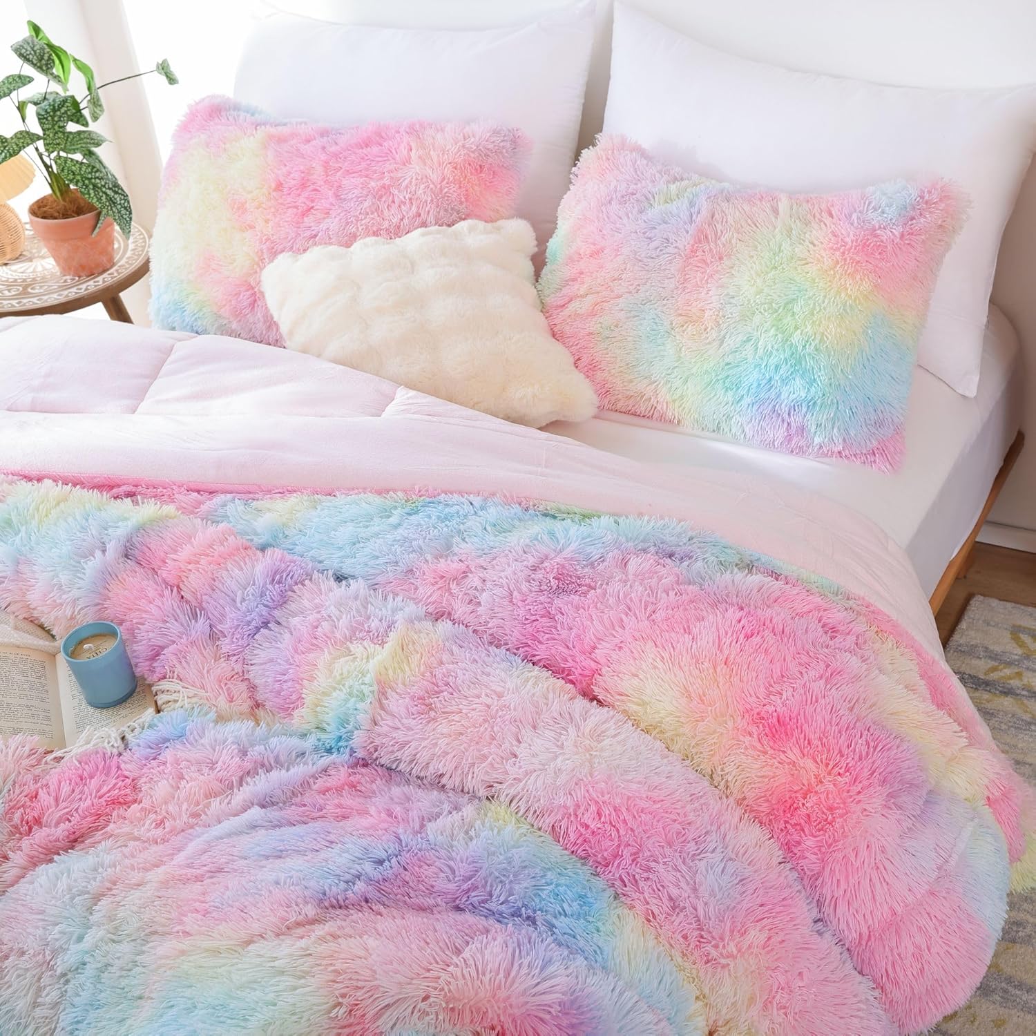 Smoofy Fluffy Twin Comforter Set, Rainbow Faux Fur Comforter Set, Luxury Fuzzy Twin Bedding Set, Soft Shaggy Bed Set for All Season, 2 Pieces - 1 Comforter & 1 Pillowcase, Tie-Dye Pink - Image 2