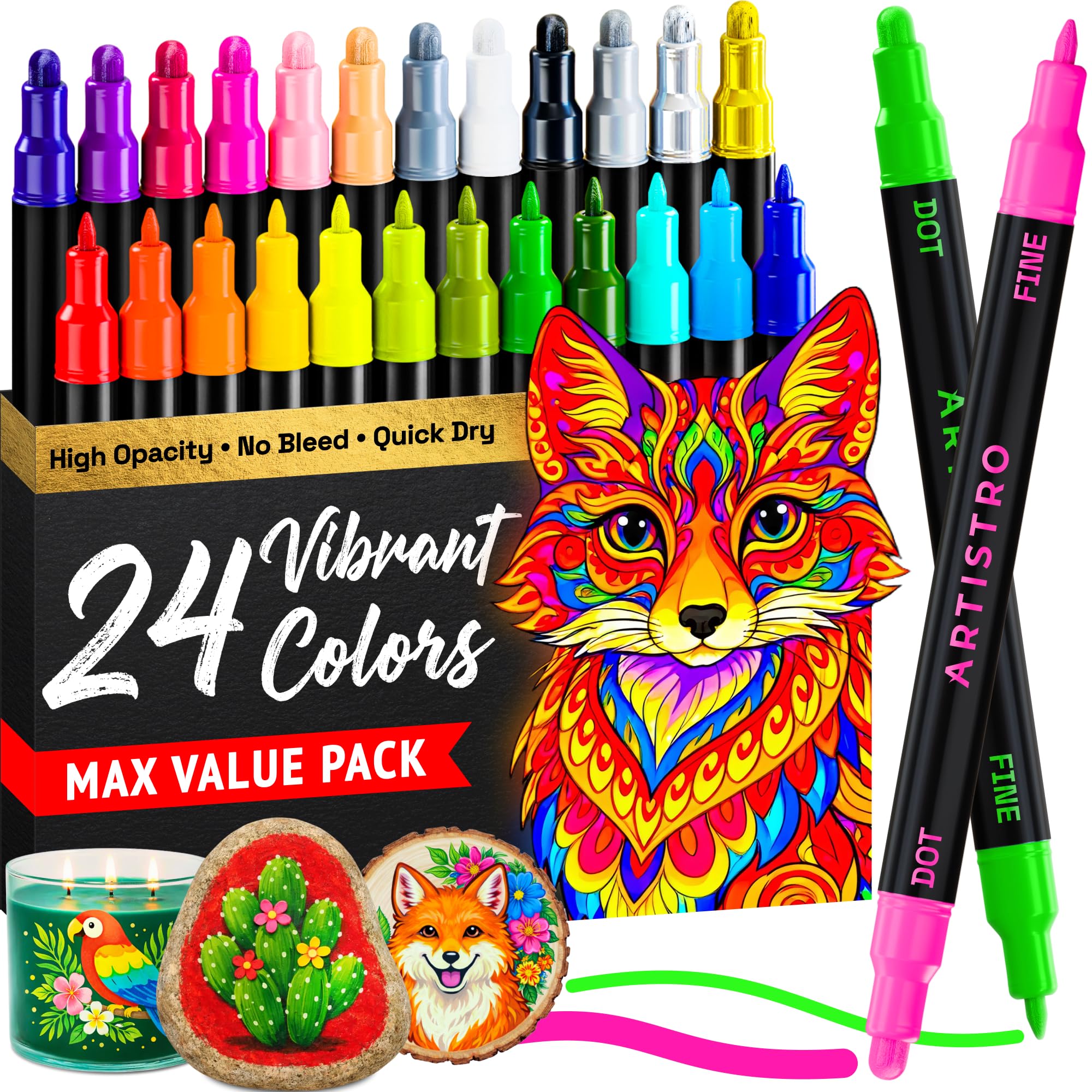 Photo 1 of ARTISTRO 24 Precision Dual-Tip Acrylic Paint Markers – Paint Pens Set with Dot & Fine Tips for Fabric, Rock, Glass, Wood, Coloring Books – Classroom & Art Supplies Gift – Teacher Appreciation Gift
