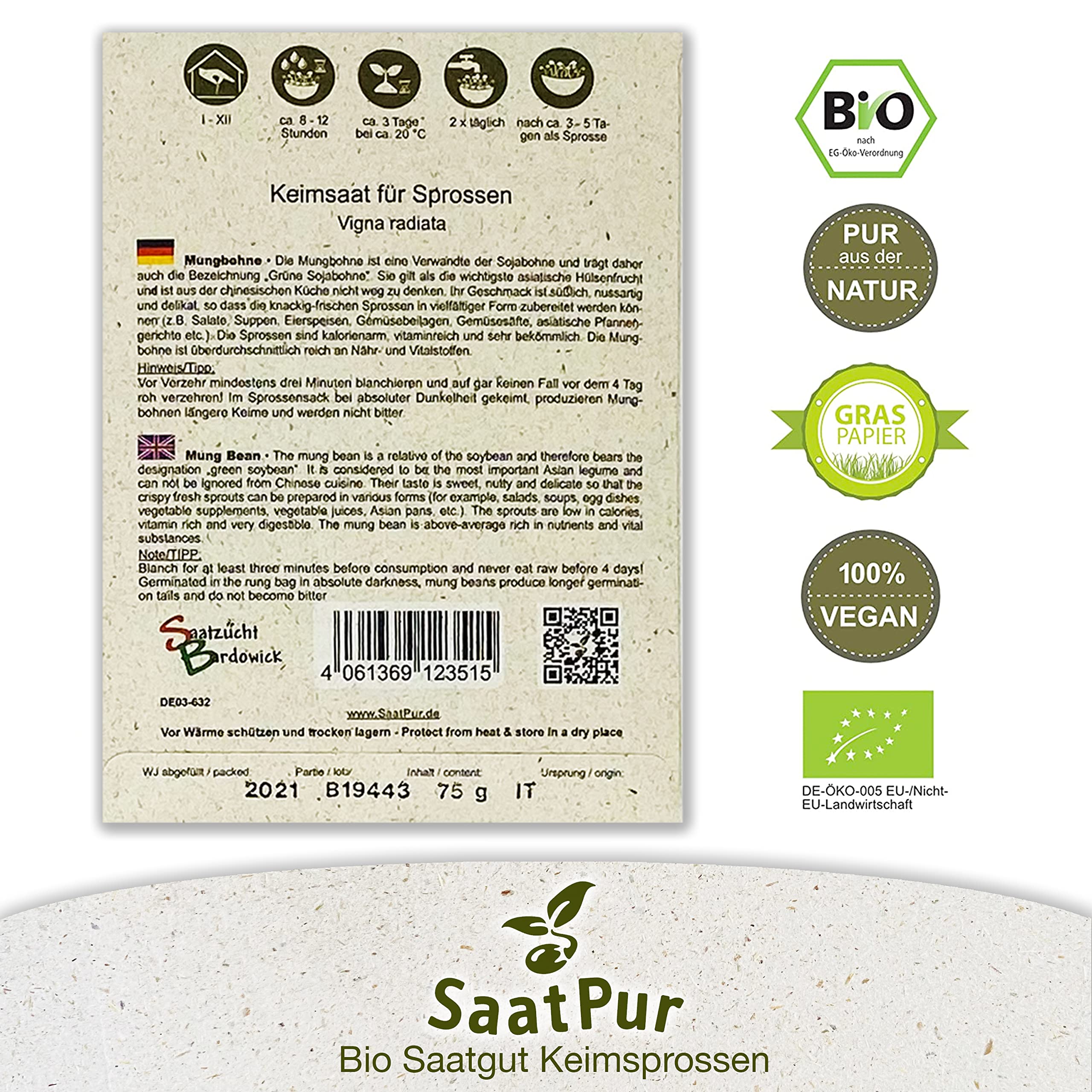 Mungbohnen BIO Keimsprossen SaatPur - Mungo Sprossen Keimsaat, Microgreen - Großes Tray mit 40 Portionstüten je 75g