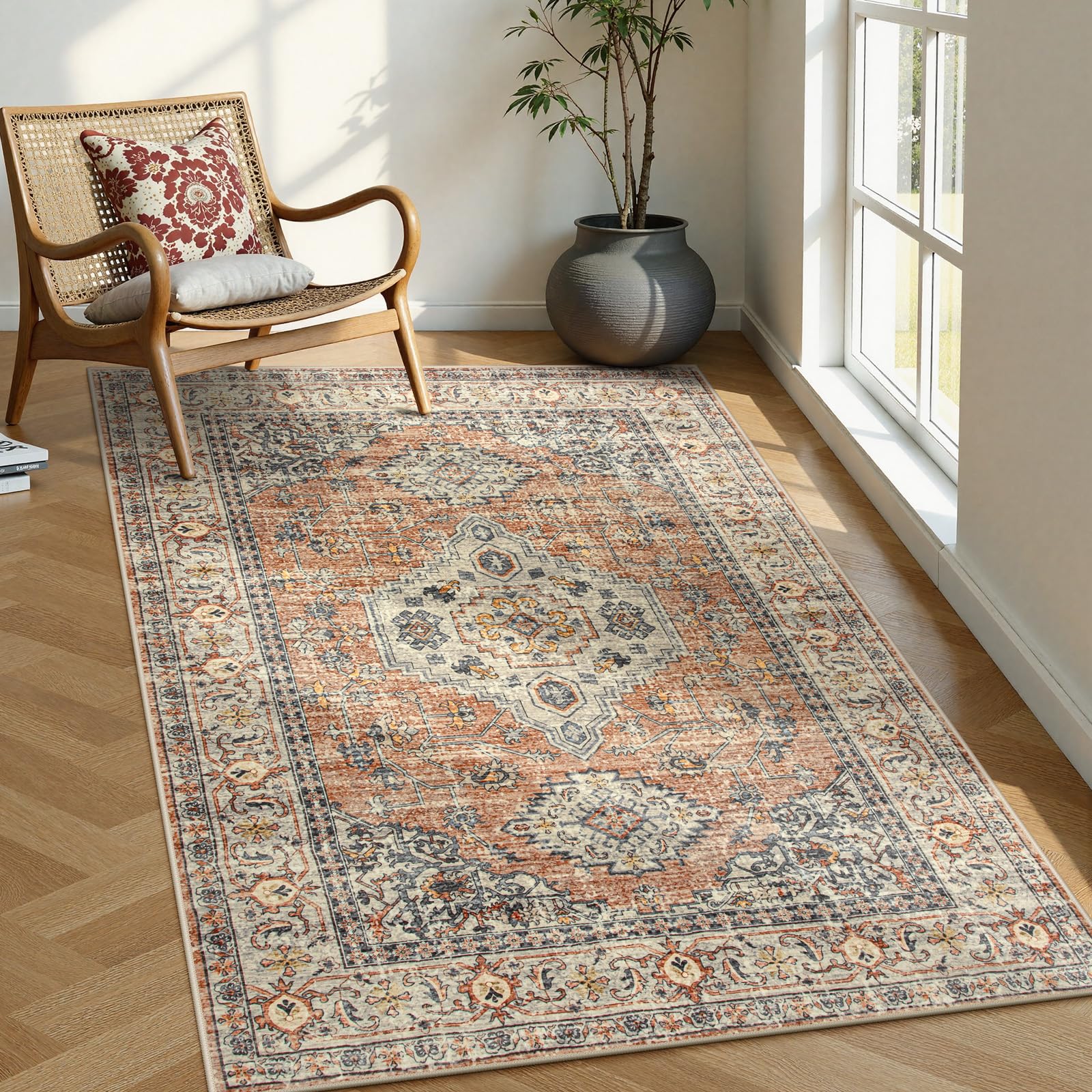 Lahome Oriental Washable Rugs for Living Room, 4x6 Bedroom Area Rug Ultra-Thin Soft Non Slip Stain Resistant Vintage Throw Carpet for ‎Office Dining Room, Peach/Orange Terracotta 4'x6' (Rect