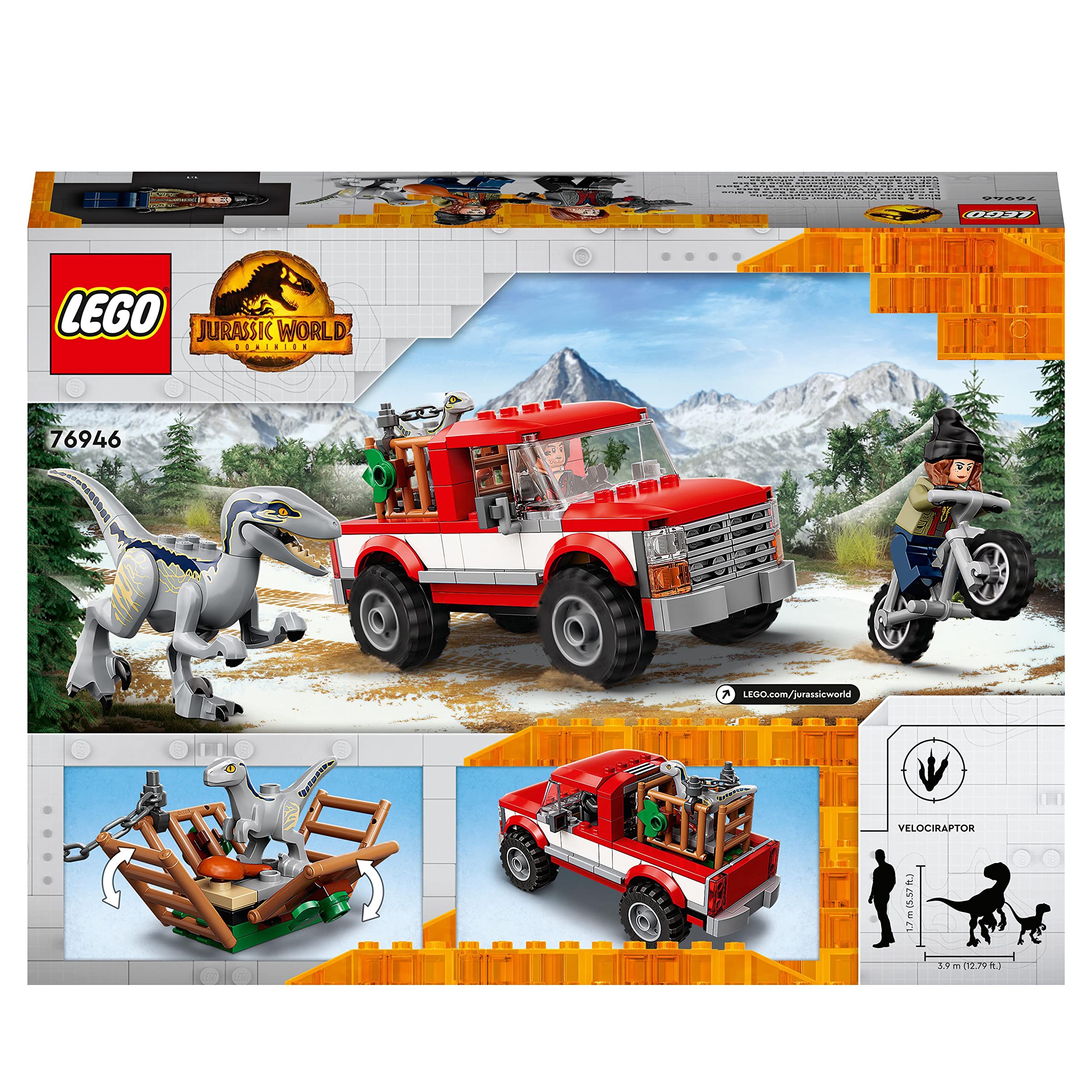 LEGO Jurassic World Captura de los Velocirraptores Blue y Beta, Dinosaurios Juguetes, Dino, Moto y Camión, Figuras de la Película Parque Jurásico, Regalo para Niños y Niñas de 6 Años o Más 76946