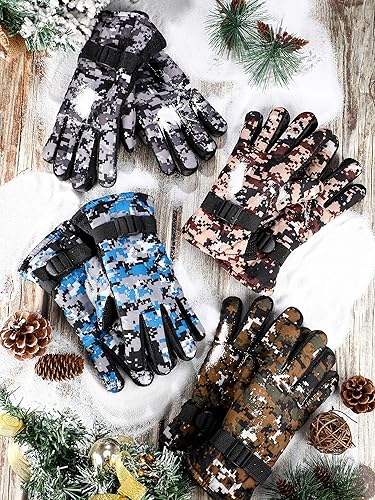 Miniatura 7 de Hicarer 4 pares de guantes de invierno para niños, impermeables, guantes de esquí de nieve, ropa de camuflaje unisex para clima frío para niñas y