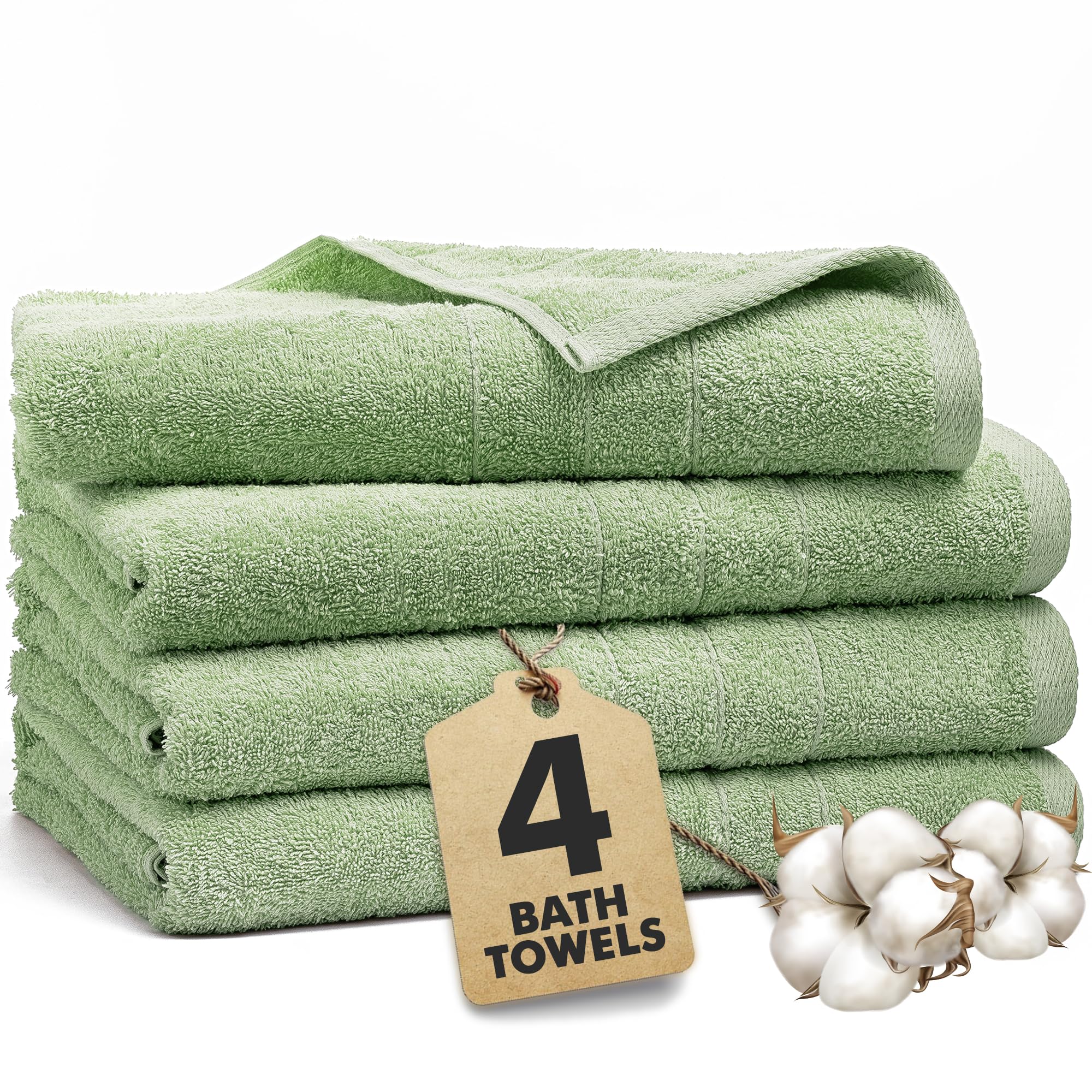 Novo Home Bath Towels Set of 4 – 550 GSM 100% Cotton Light Green Extra Large Towels for Bathroom, Spa Use (70x140 cm) – Super Soft and Quick Dry Large Bath Sheets for Adults