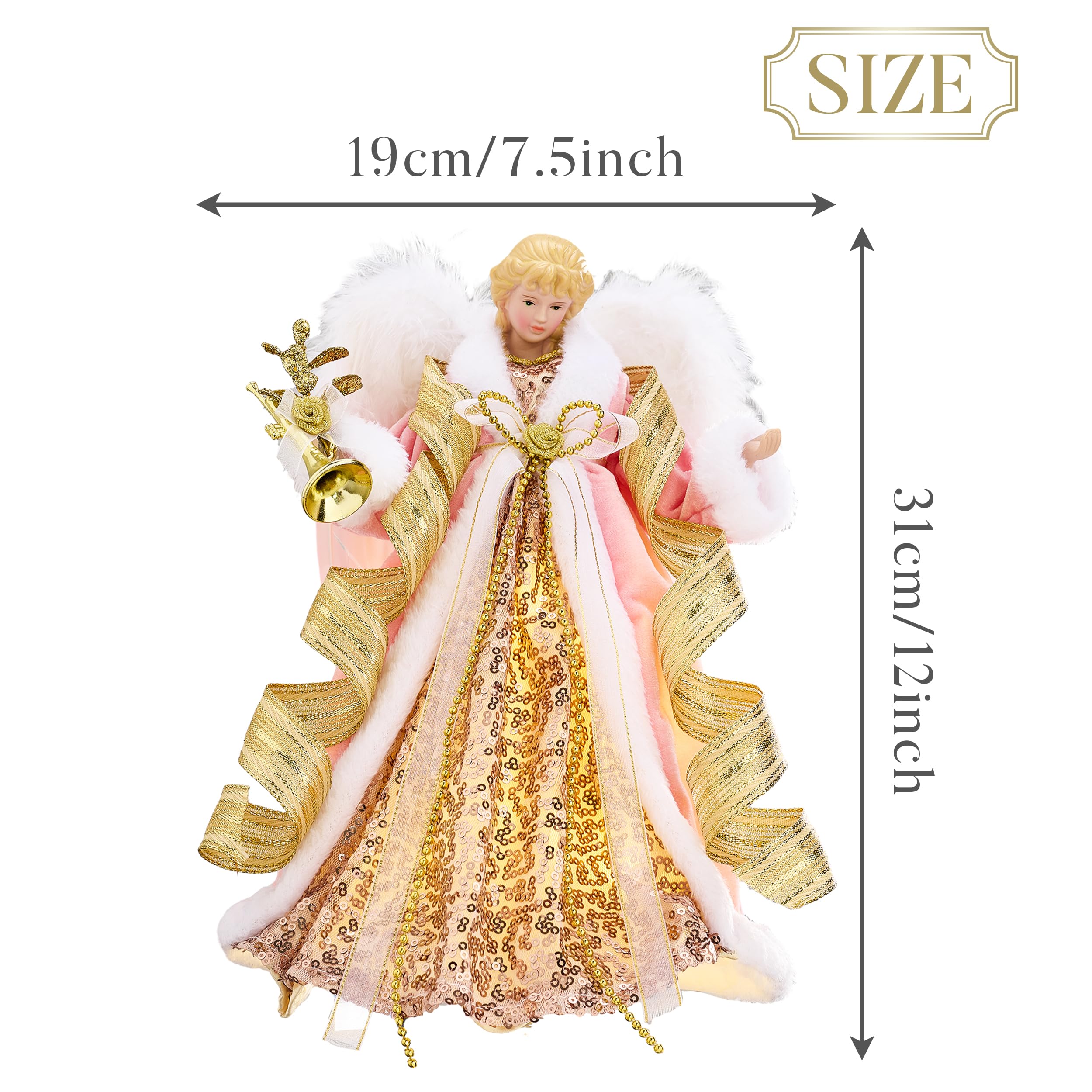 Valery Madelyn Beleuchtete Weihnachtsbaumspitze Engel mit Timer, 30,5 cm, rosa-goldener Stoff, kleiner Engel, Baumspitze mit Lichtern für den Innenbereich, batteriebetrieben, Valentinstagsgeschenke