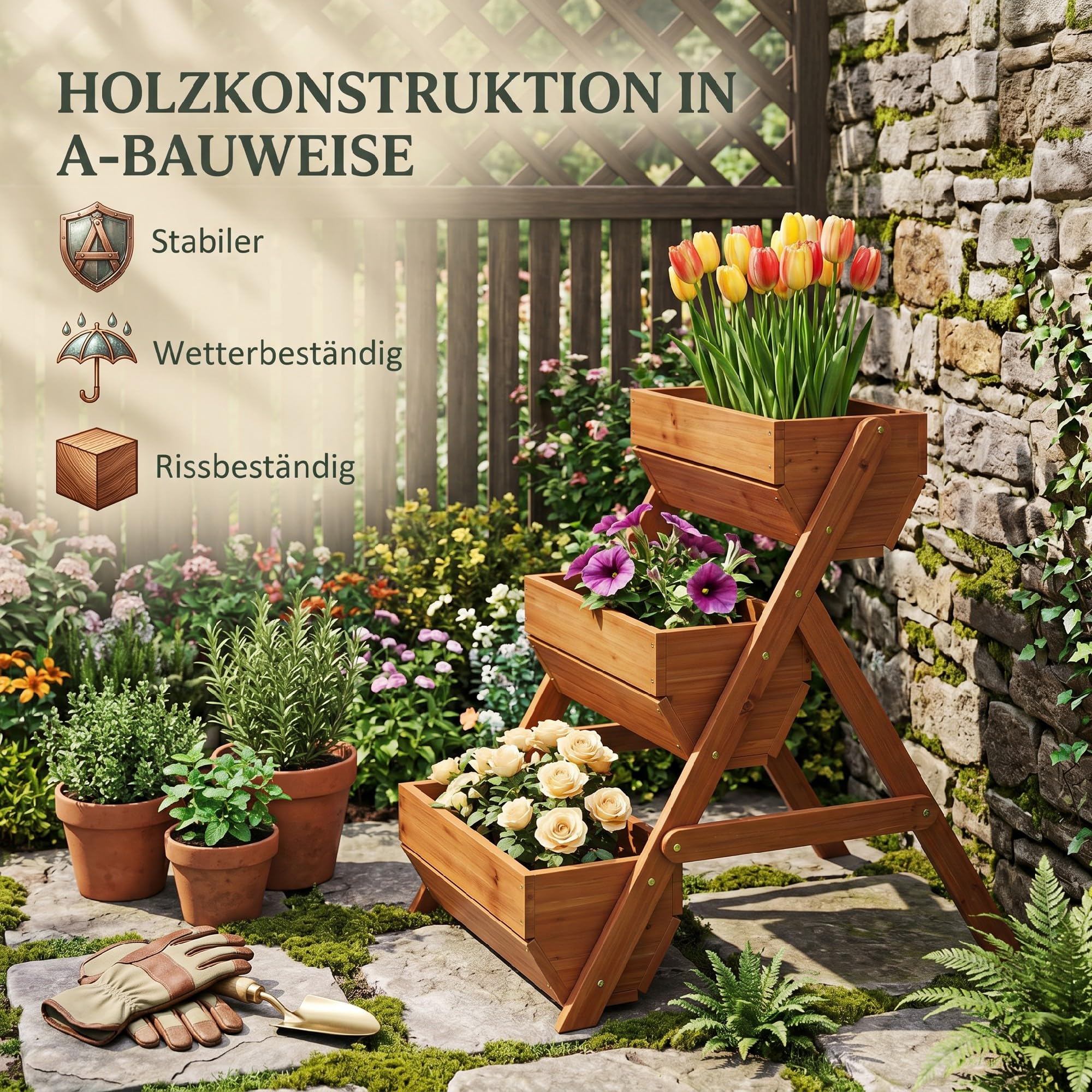Outsunny Vertikales Hochbeet mit 3 Etagen aus Holz 65 x 75 x 76 cm Braun | Vertikalbeet, Blumenkasten, 3 Pflanzkästen, Ablauflöcher, Blumenbeet, Kräuterbeet, Blumentreppe, Terrasse Balkon Garten