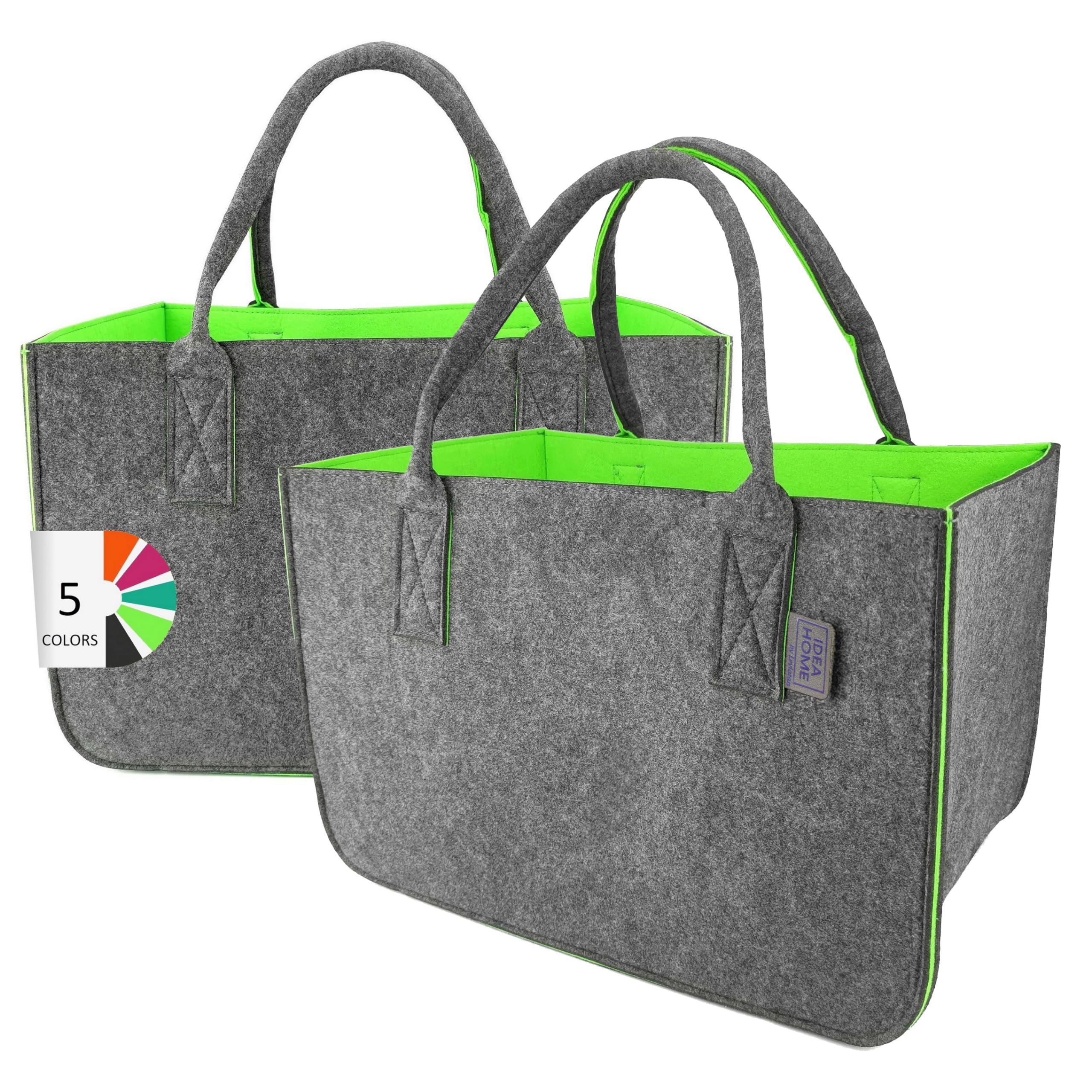 IDEA HOME Filztasche 2 Stücke Shopper Groß-30 Liter Einkaufstasche XXL Zusammenklappbar Einkaufskorb Kaminholztasche Kleiderkorb Spielzeugtasche Dunkelgrau/Limonenfarbe, XL
