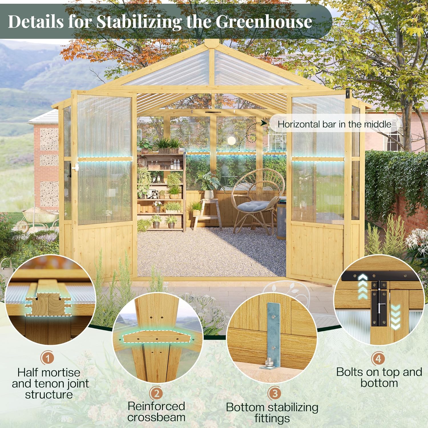 Jocisland 10x13.2 Ft Wood Greenhouse, Wooden Greenhouse for Outdoors with Lockable Door, Walk-in Cedar Greenhouse with Adjustable 2 Roof Vents, Polycarbonate Greenhouse for Outdoors, Garden, Backyard