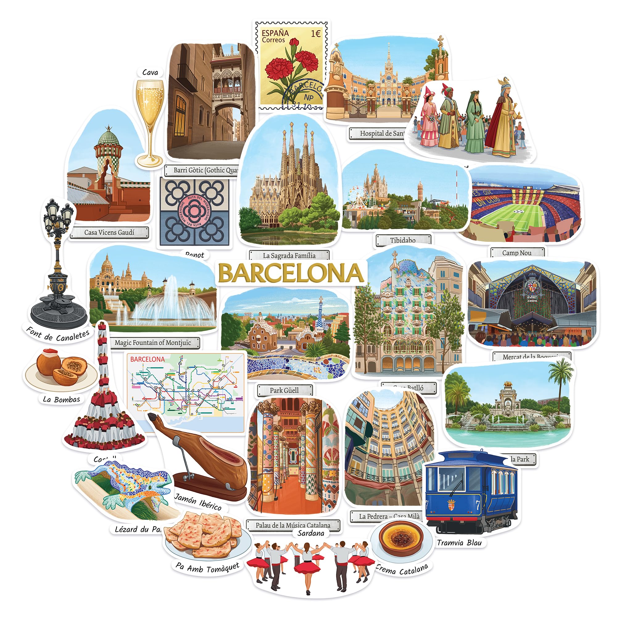 Navy Peony Beloved Barcelona Travel Stickers (28pcs) – Gouache Style, Spanish, Vacation Decals for Scrapbooks, Journals, and Tumblers (Journal)