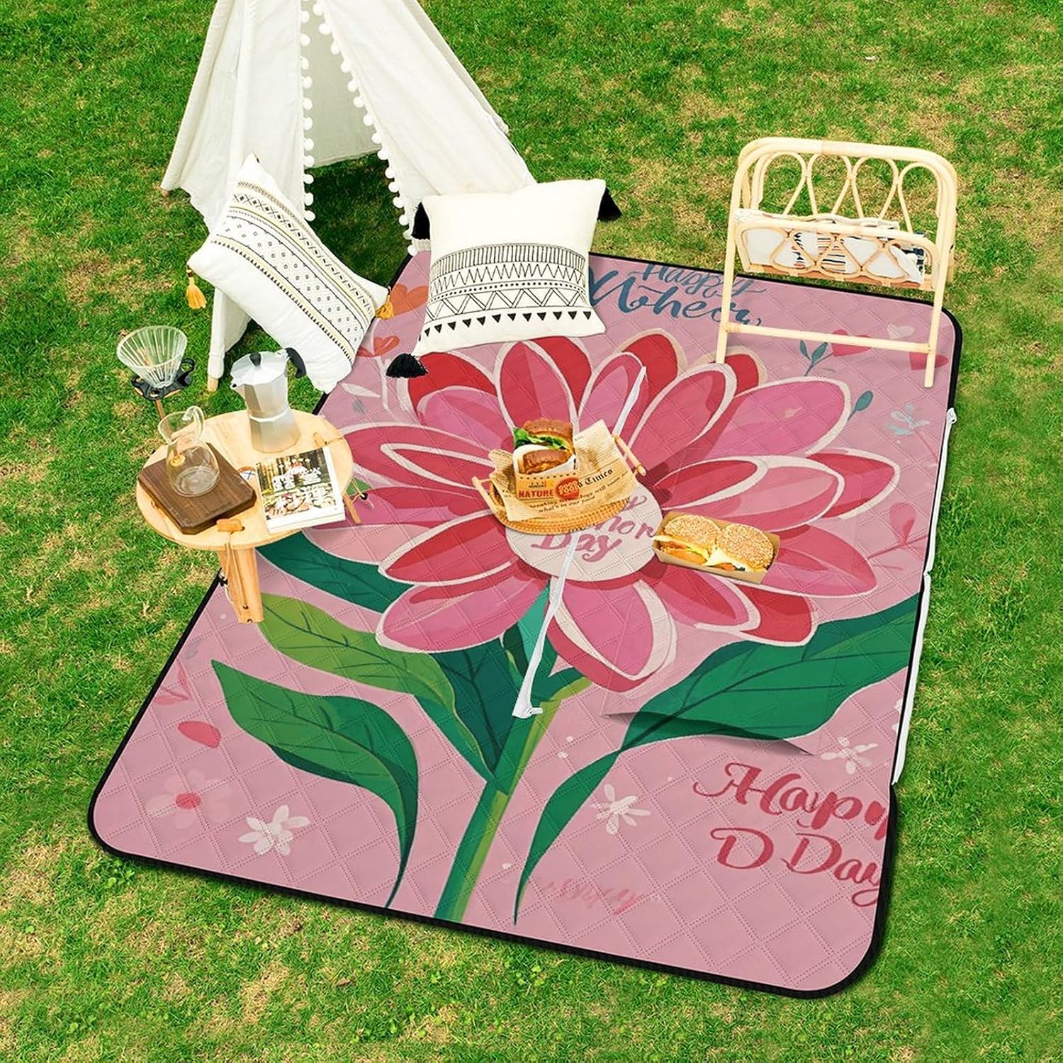 Happy Mother Day Picnic Blanket Zipper Style Waterproof Foldable Outdoor,Picnic Mat Foldable As A Shopping Bag for Ladies, Portable Outdoor Blanket for Camping