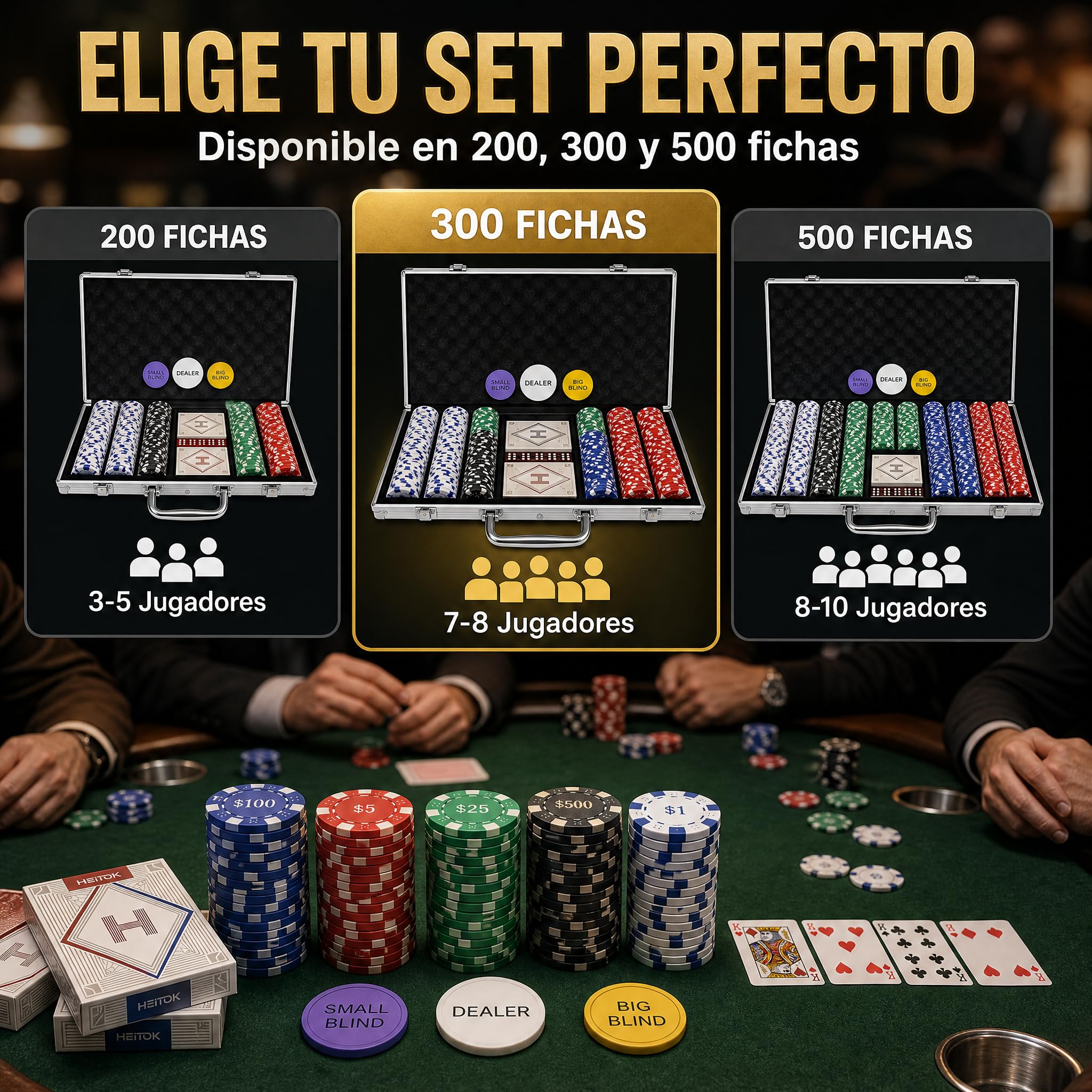 HEITOK Juego de Fichas de Póker 500 Fichas Numeradas – 11,5g con Denominaciones y Estuche Robusto para Adultos