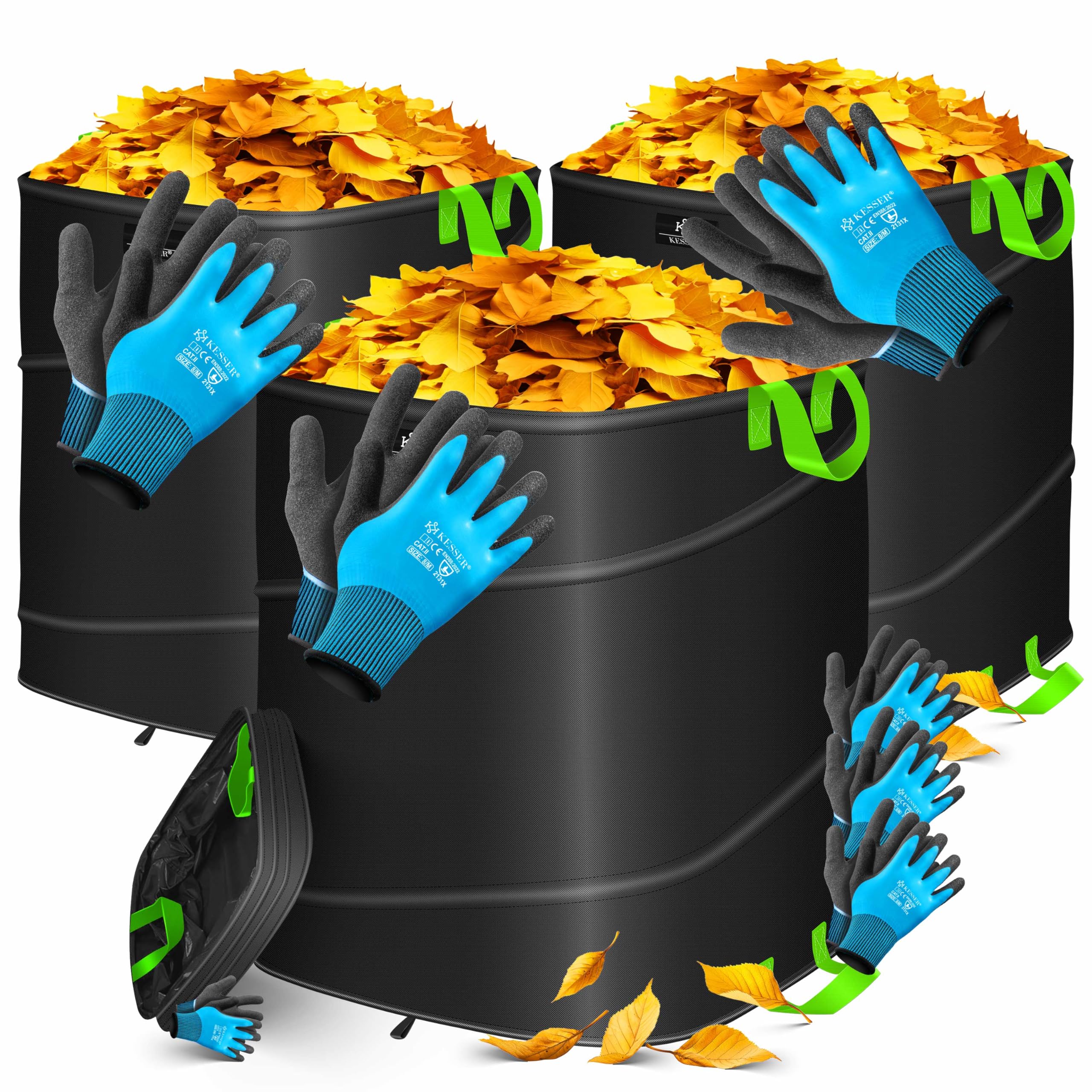 KESSER® Pop-Up-Gartensack 3x 175L Set Laubsack Gartenabfallsack inkl. Handschuhe | Selbststehend mit Griffen Stabil Robust & Faltbar | Laubsäcke Rasenschnitt Gartensäcke für Gartenabfälle Grünschnitt
