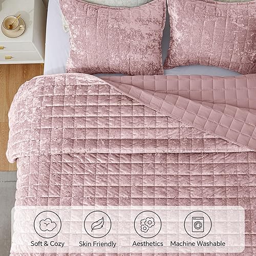 Miniatura 4 de BEDELITE Juego de edredón de terciopelo tamaño Queen  Juego de ropa de cama de terciopelo de lujo de 3 piezas, suave y acogedor color rosa