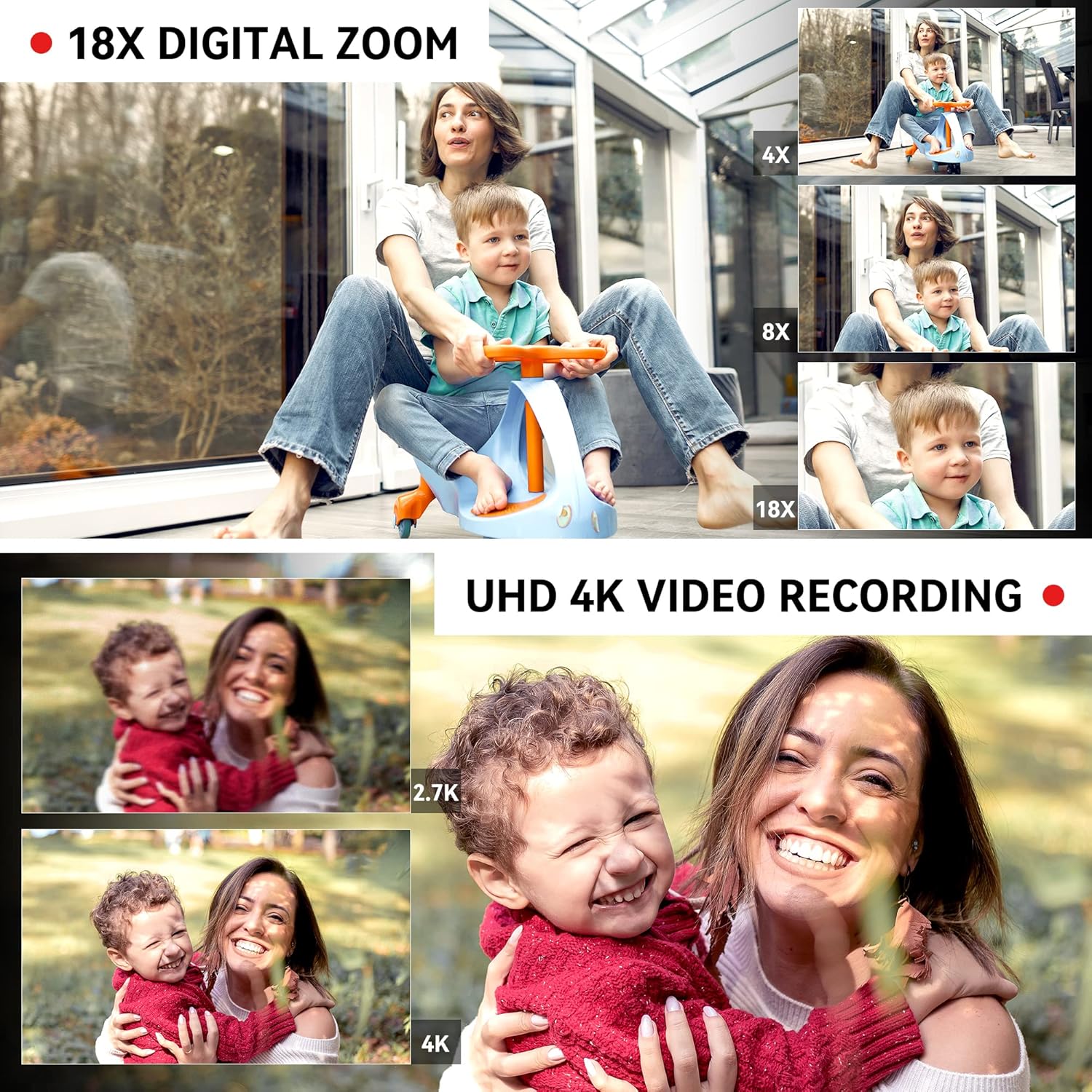 Image showing 18X Digital Zoom and UHD 4K Video Recording capabilities