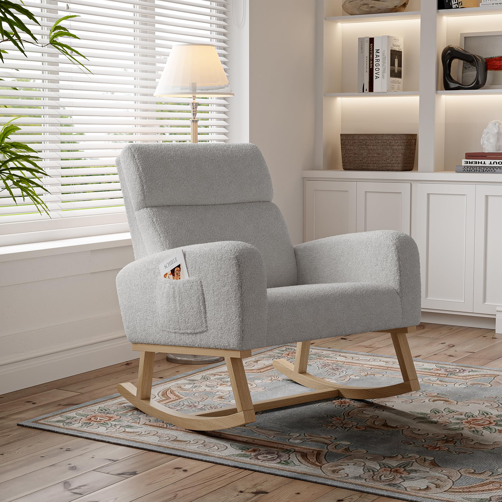 Mecedora para relajarse, sillón balancín, silla de lactancia, silla basculante con tejido de peluche y cojín lumbar y 2 bolsillos laterales, cómoda silla de lectura para salón (gris oscuro)