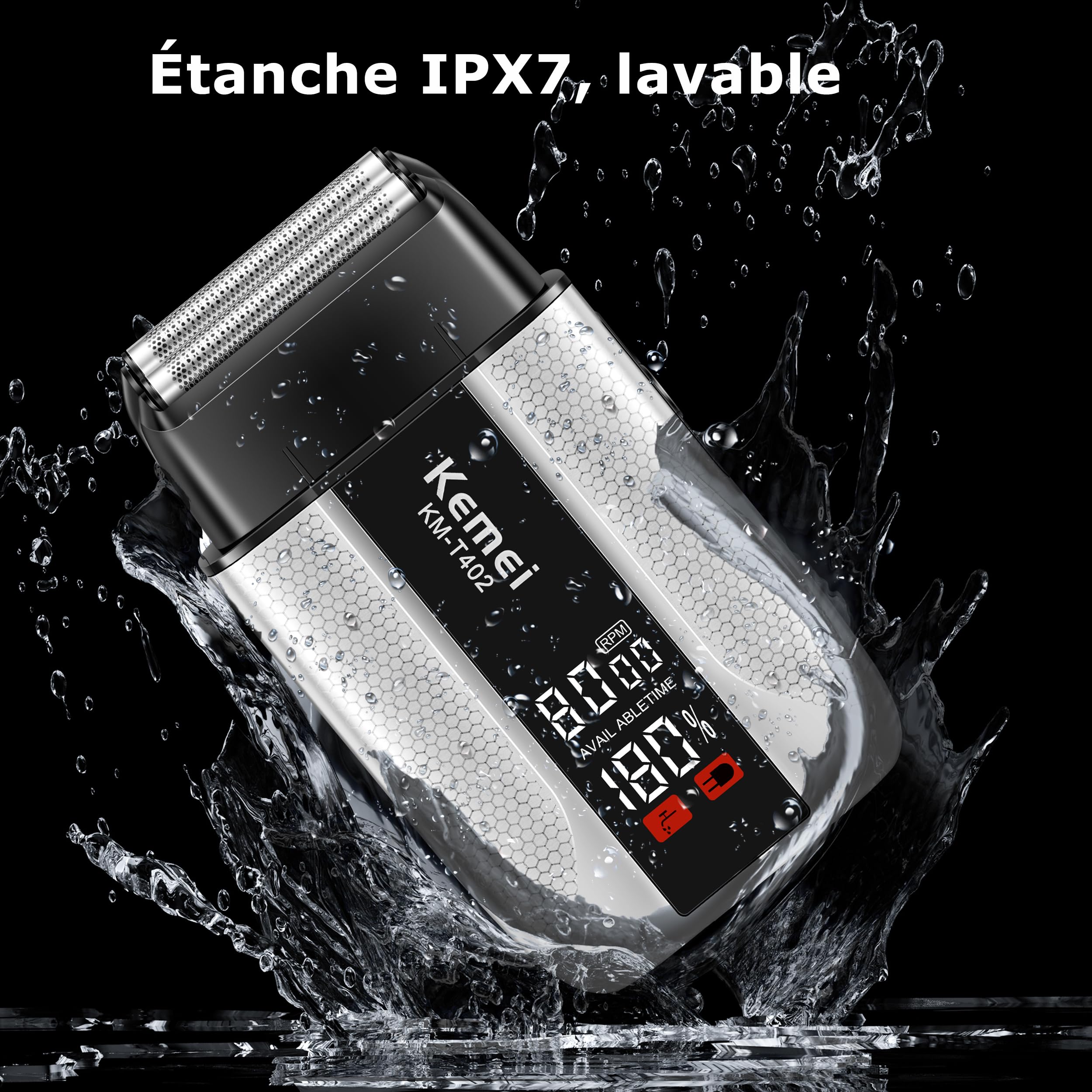 Rasoir électrique professionnel à grille KEMEI T402 pour hommes, étanche IPX7, avec écran LED, double rasoir électrique à 3 vitesses réglables