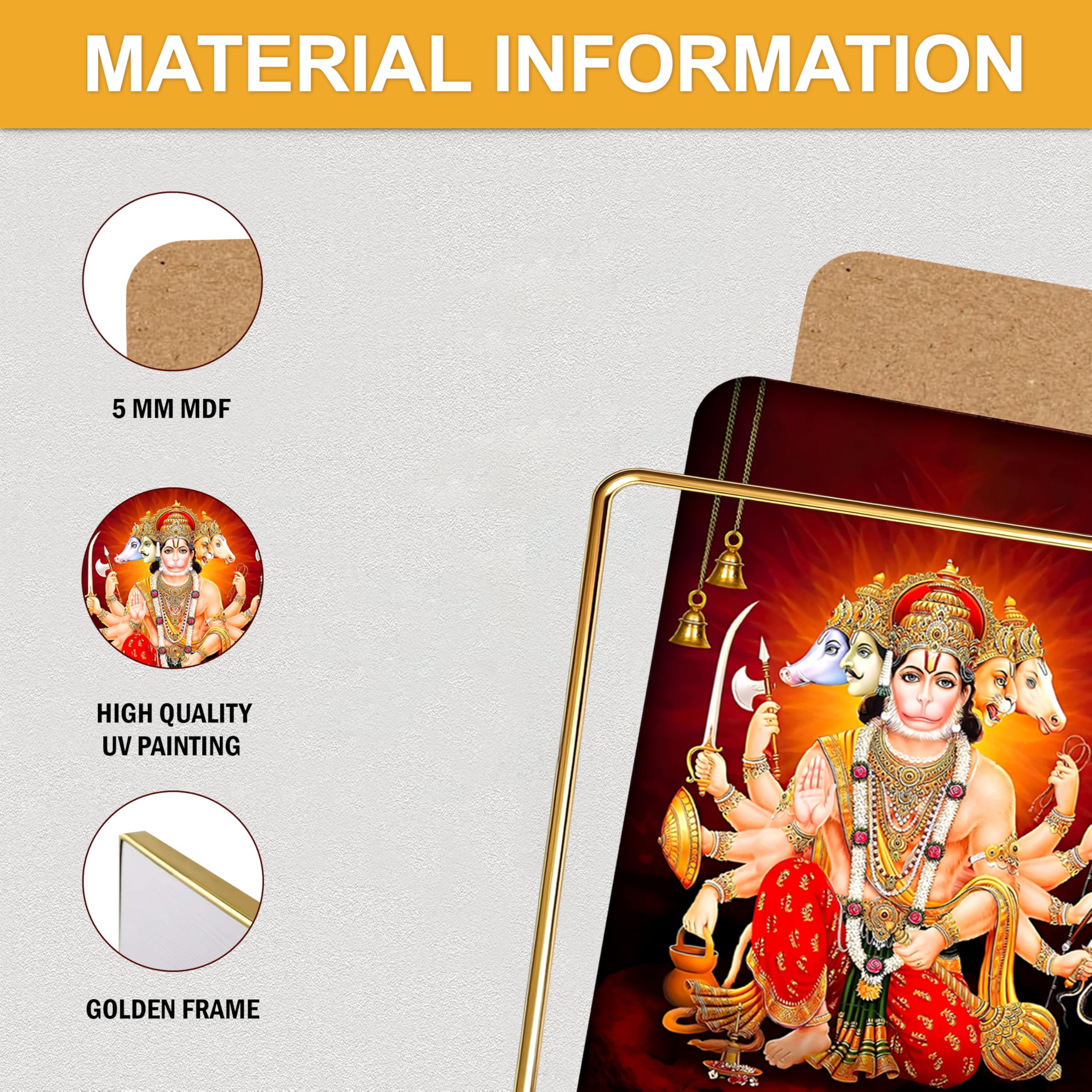 Goelite Panchmukhi Hanuman With Golden Frame for Door Entrance Vastu Wall Painting Framed Home Decor, 30 x 23 cm, Modern Style, Wall Mount 3