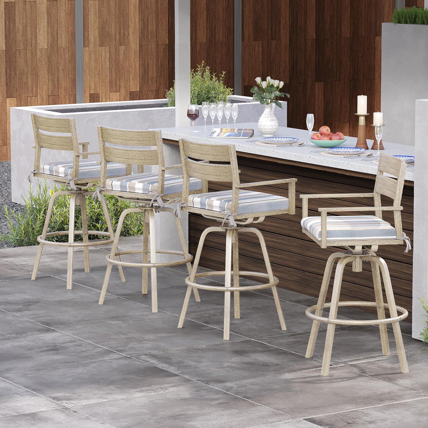 Pellebant 4 Pcs Outdoor Swivel Bar Stools, 28.7" Aluminum Bar Height Stools with Backs & Sunbrella Cushions, Modern Patio Barstool Chairs, All-Weather Barstools for Patio, Deck, Balcony, Milano Char