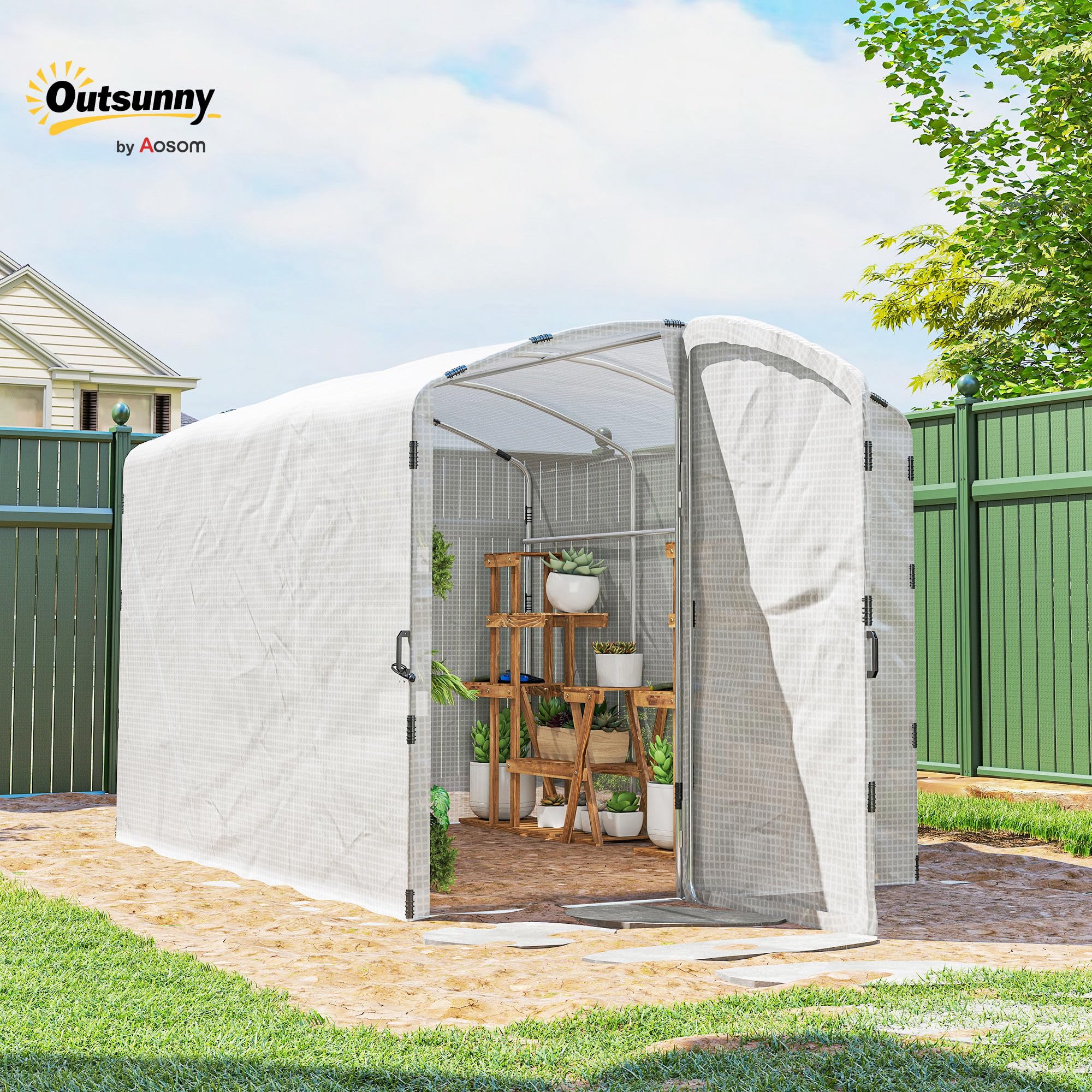 Outsunny Serre Tunnel de Jardin 6m² Serre de Jardin Tunnel bâche PE 220g/m² avec Porte Bords prolongés de 50 cm pour extérieur Toutes Saisons légumes Fruits Fleurs 300x200x195cm Blanc