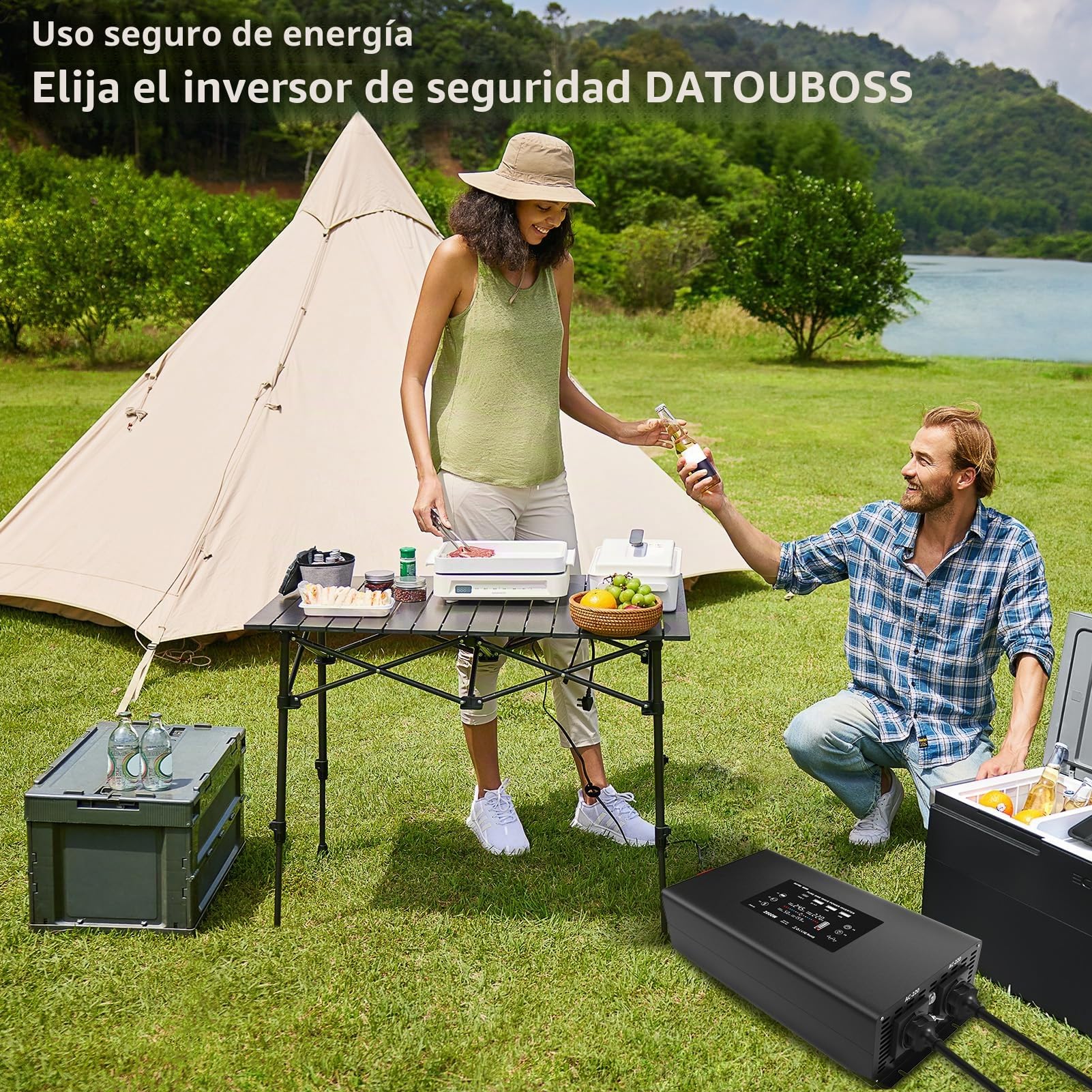 DATOUBOSS Inversor 24V 220V 2000W Onda Pura, Convertidor 4000W(Pico) con 2 Enchufes de la UE, Transformador con 4 USB (1xQC3.0, 1xUSB-C, 2xUSB-A), Pantalla LCD,Mando a Distancia,para Coches Camiones
