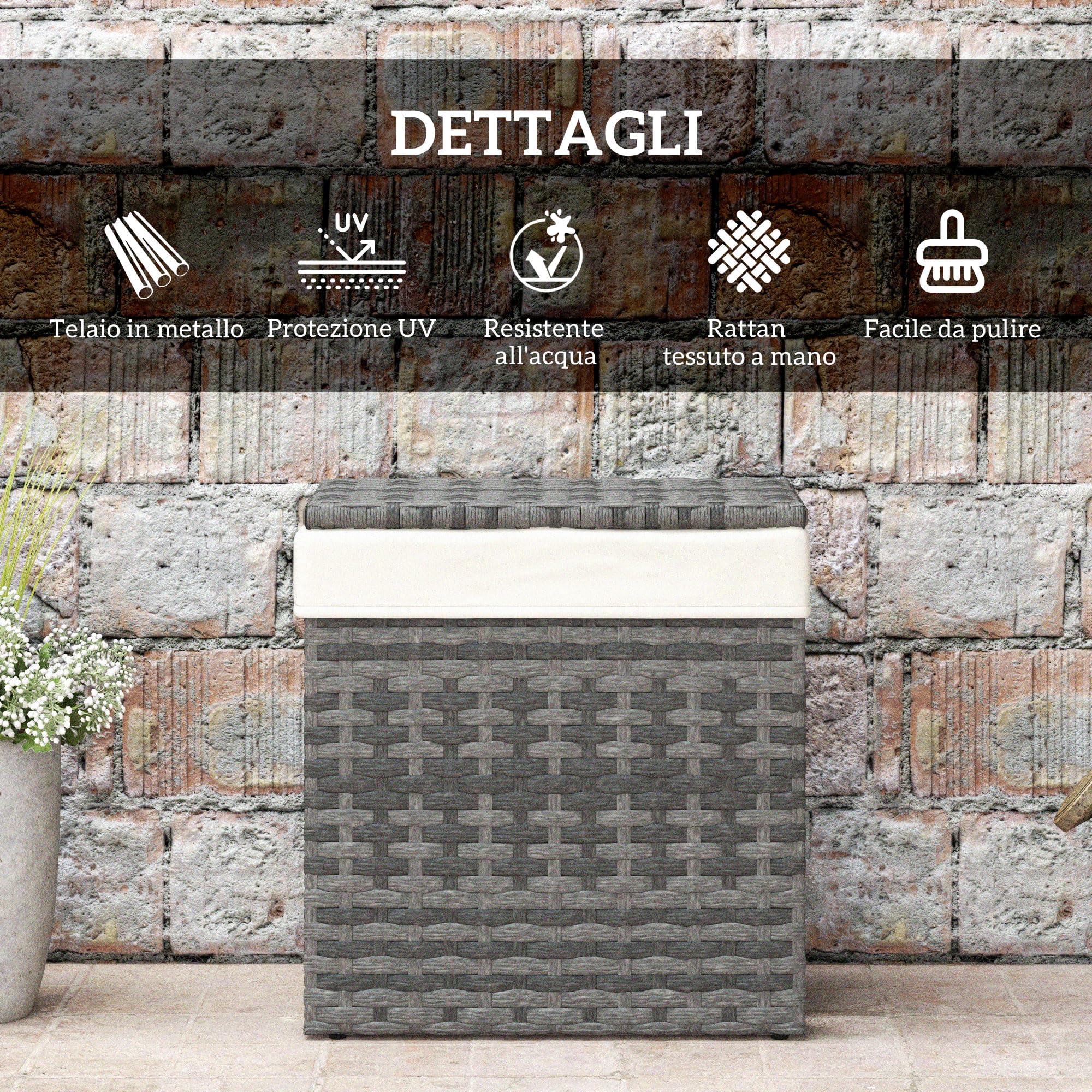 Outsunny Baule da Giardino in Rattan PE, Cassapanca da Esterno con Piedini Antiscivolo e Rivestimento Interno in Tessuto Impermeabile, 57x34x62cm, Grigio e Beige