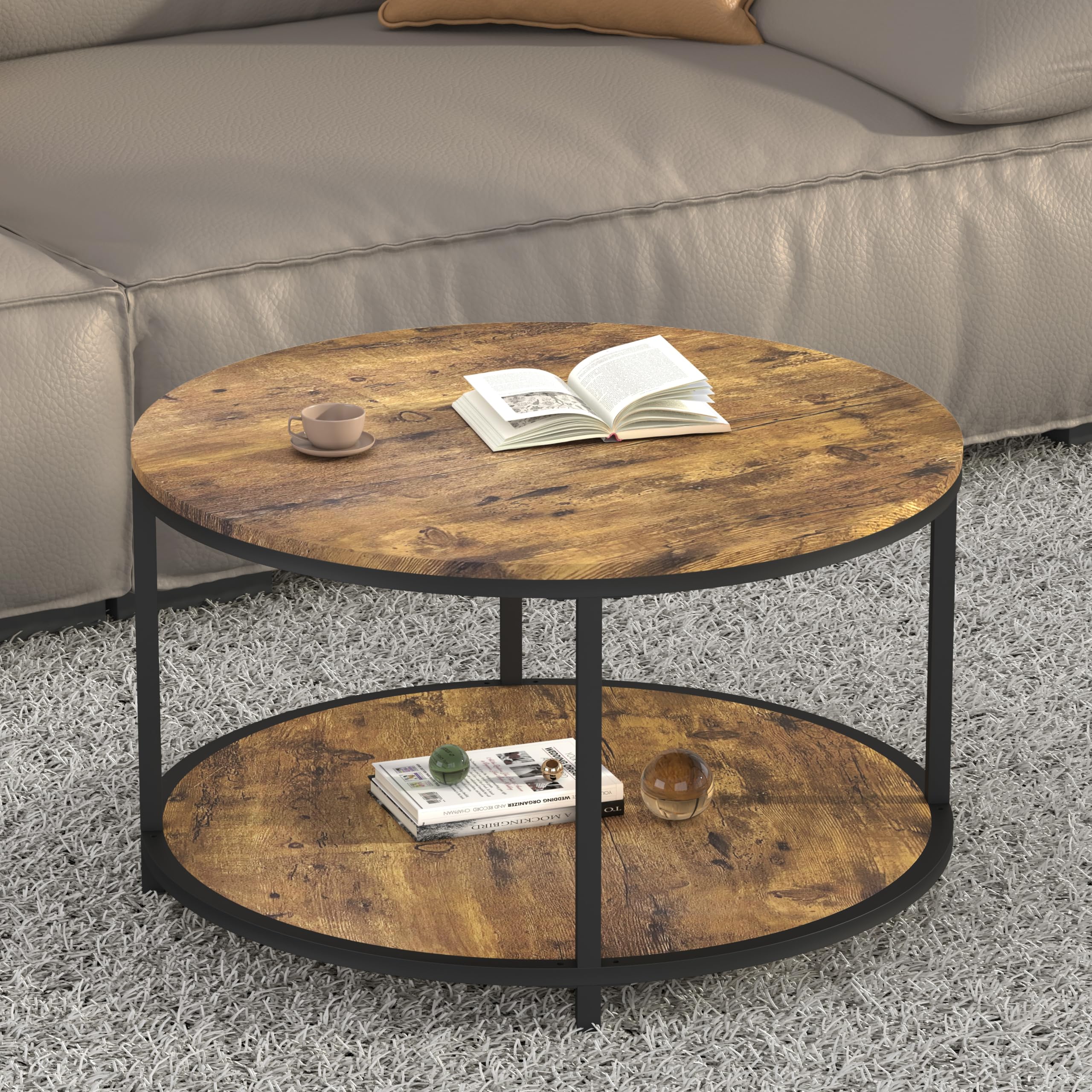 NSdirect Round Coffee Table, 27.6" Small Coffee Table for Living Room,2-Tier Rustic Wood Desktop with Storage Shelf Modern Design Home Furniture(Brown)