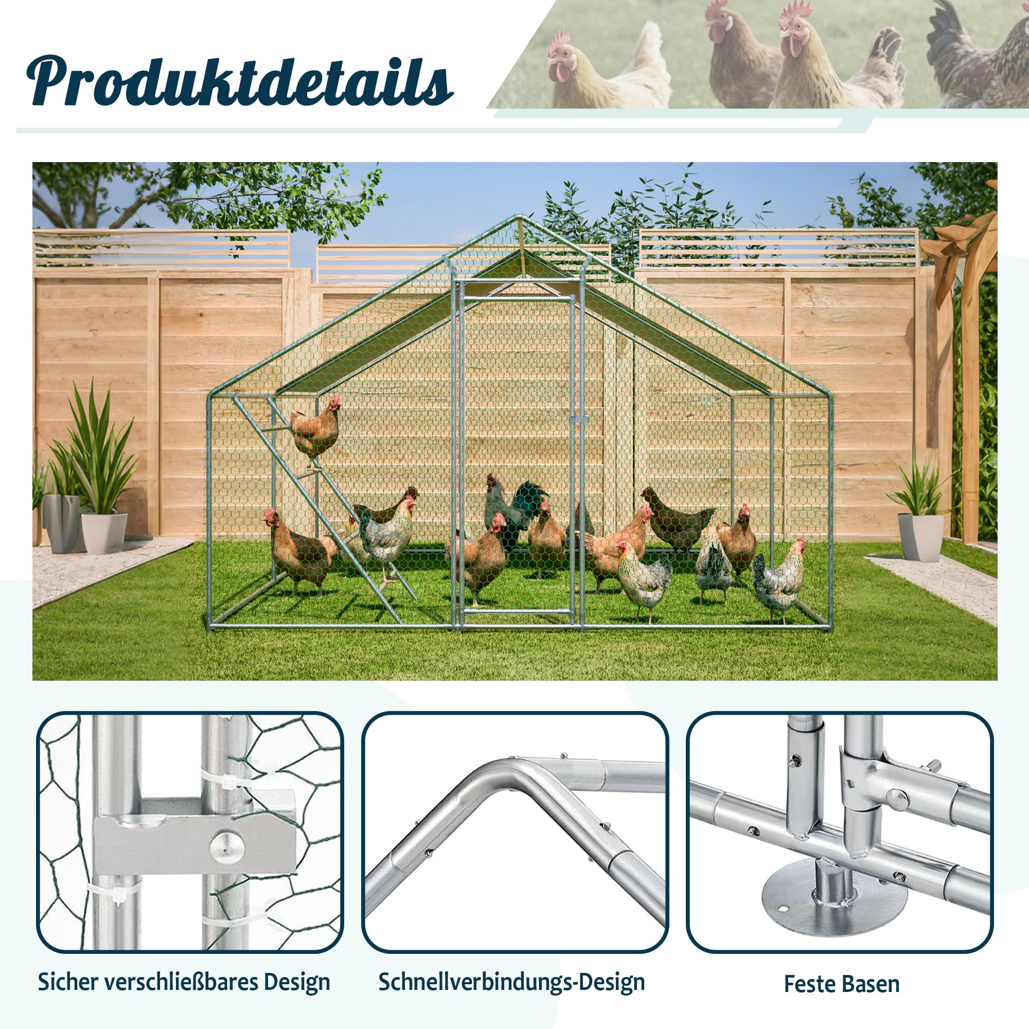 Gallinero de 3x4 m con Percha y Cierre de Seguridad - Lona Impermeable con protección UV, Tubos de Acero Reforzados de 1 mm, Conexiones Antideslizantes - Ideal para gallinas, Palomas, Patos y Pavos.
