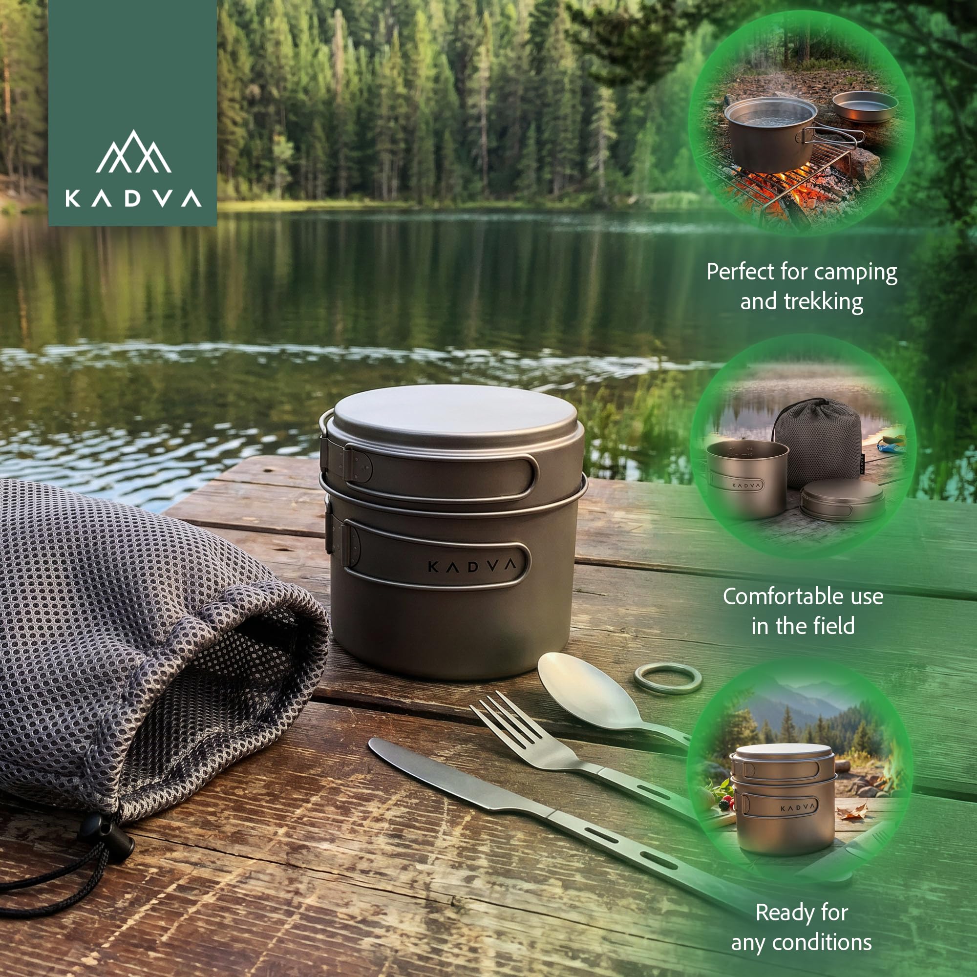 KADVA Titan - Set di pentole da campeggio da 1600 ml, per trekking e attività all'aperto | Set di 2 pentole in titanio con pentola e coperchio come padella, 0,25 kg, colore argento e compatto