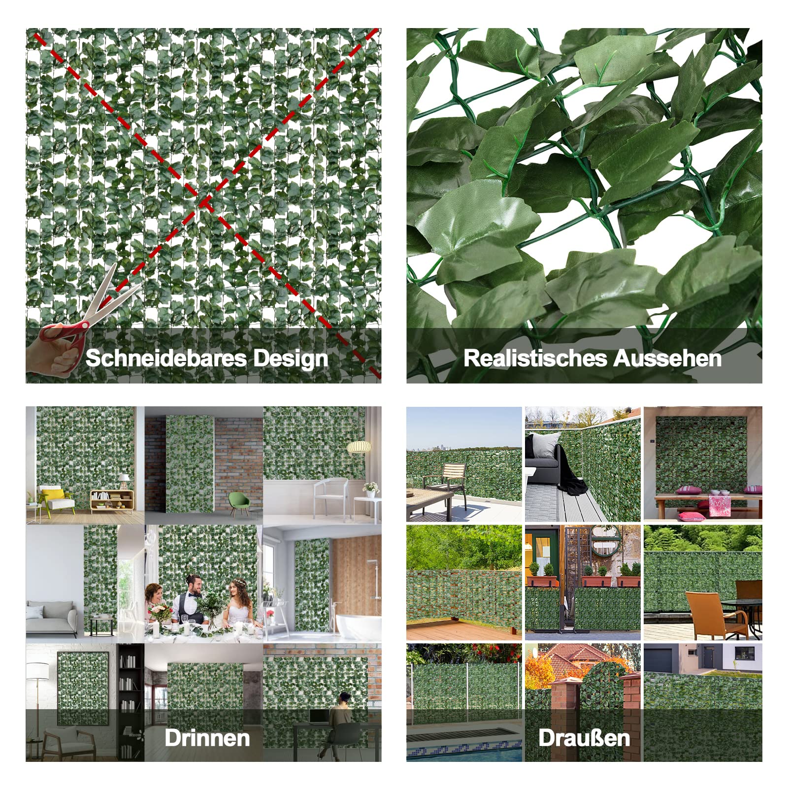 COSTWAY Künstliche Efeu Garten Sichtschutz, Balkonsichtschutz Blätteroptik Windschutz, Pflanzenwand Hecke Efeublättern, für Gartenhecken Balkon Außendekoration, Heckenpflanze Grün (150 x 240 cm)