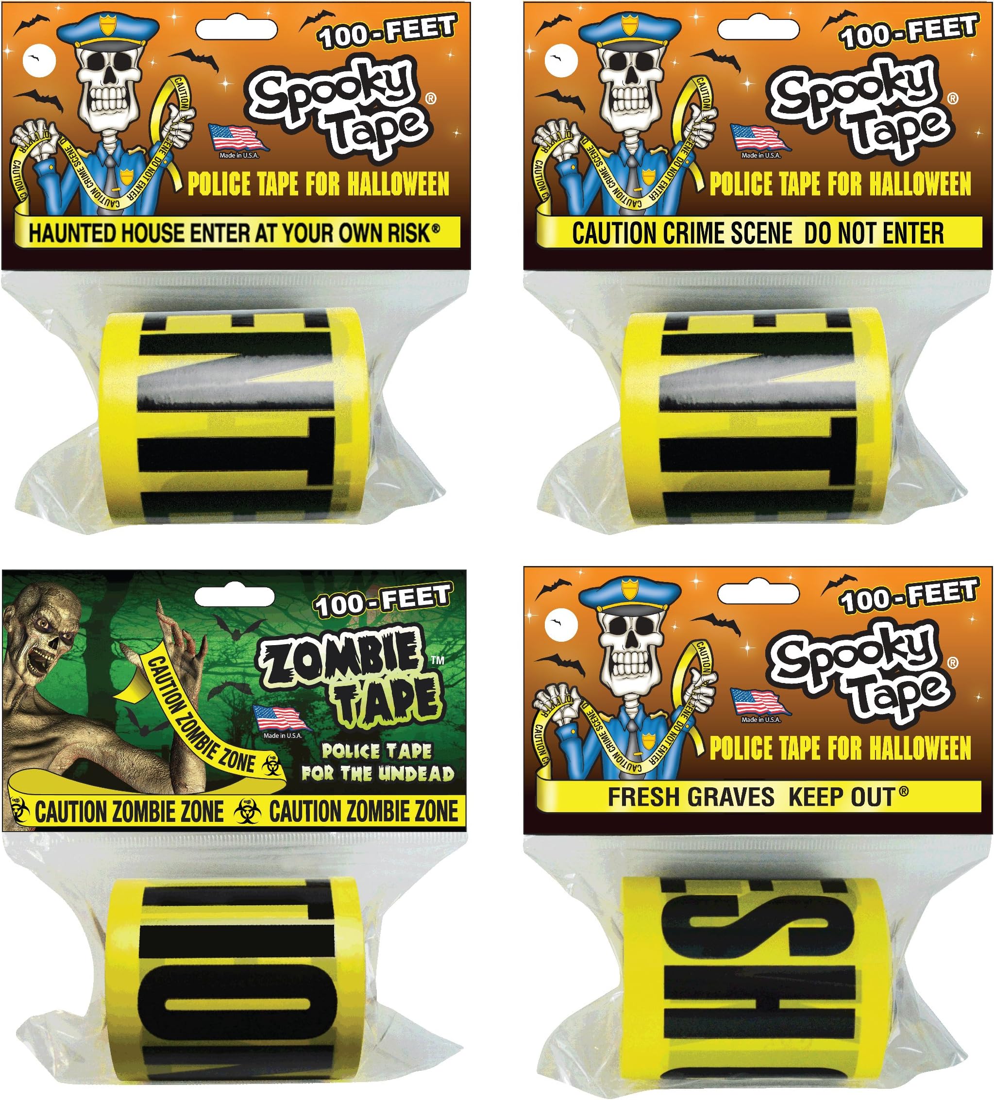 Spooky Tape - Halloween Combo Pack - HAUNTED HOUSE ENTER AT YOUR OWN RISK/CAUTION CRIME SCENE DO NOT ENTER/FRESH GRAVES KEEP OUT/CAUTION ZOMBIE ZONE