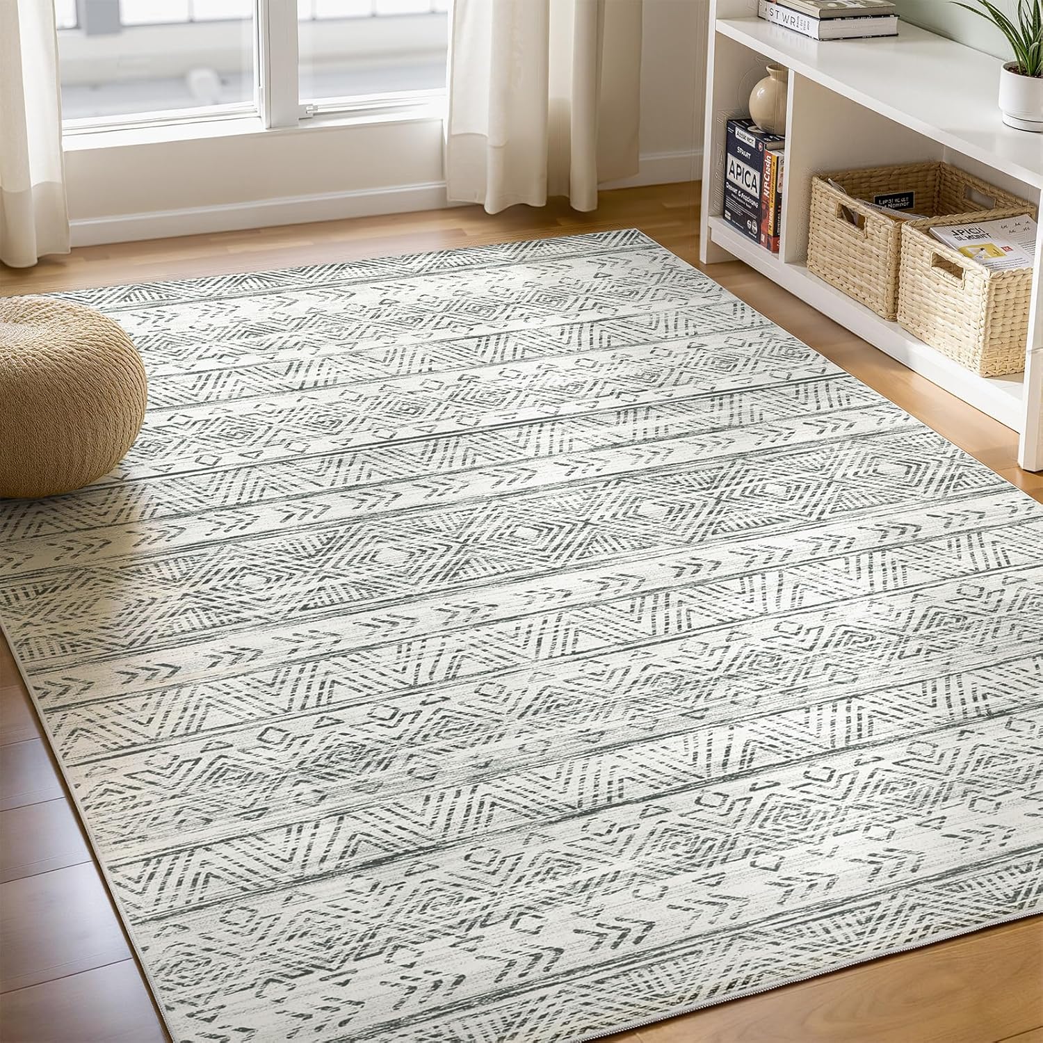WITSHOCK Living Room Area Rug 6×9: Boho Moroccan Area Rugs Machine Washable Rug for Bedroom Under Dining Table Non-Slip Stain Low Pile Resistant Soft Rug for Indoor Kitchen Office Home Decor, Grey