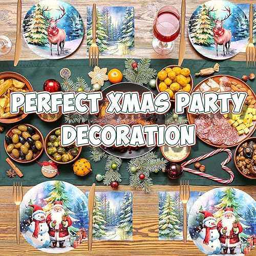 Miniatura 6 de 240 platos y servilletas de papel de Navidad para 30 invitados, suministros de fiesta de Navidad, juego de vajilla desechable de Navidad, platos