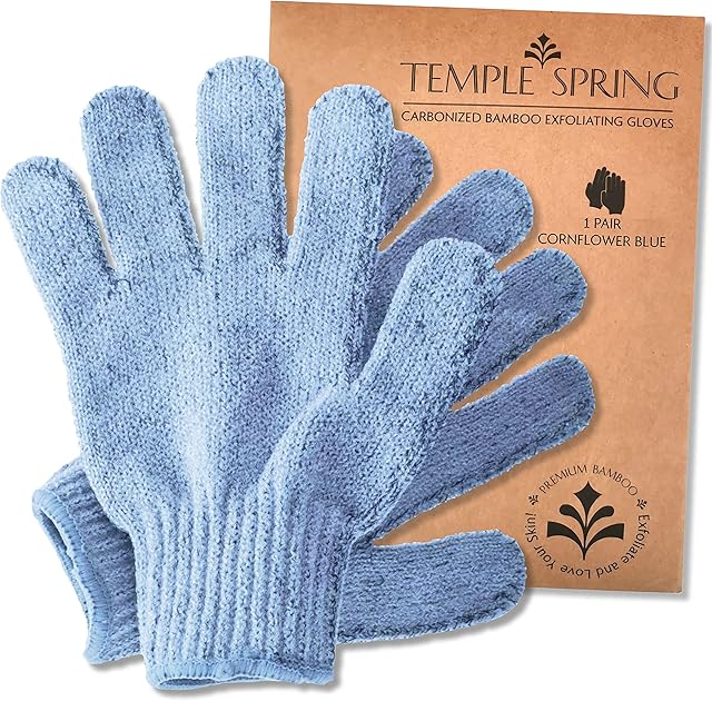 Exfoliating Gloves - Bamboo Shower Gloves - Bath and Body Exfoliator Mitts - Scrubs away Ingrown Hair and Dead Skin - Natural Eco Microfibre Bath Gloves - Cornflower Blue