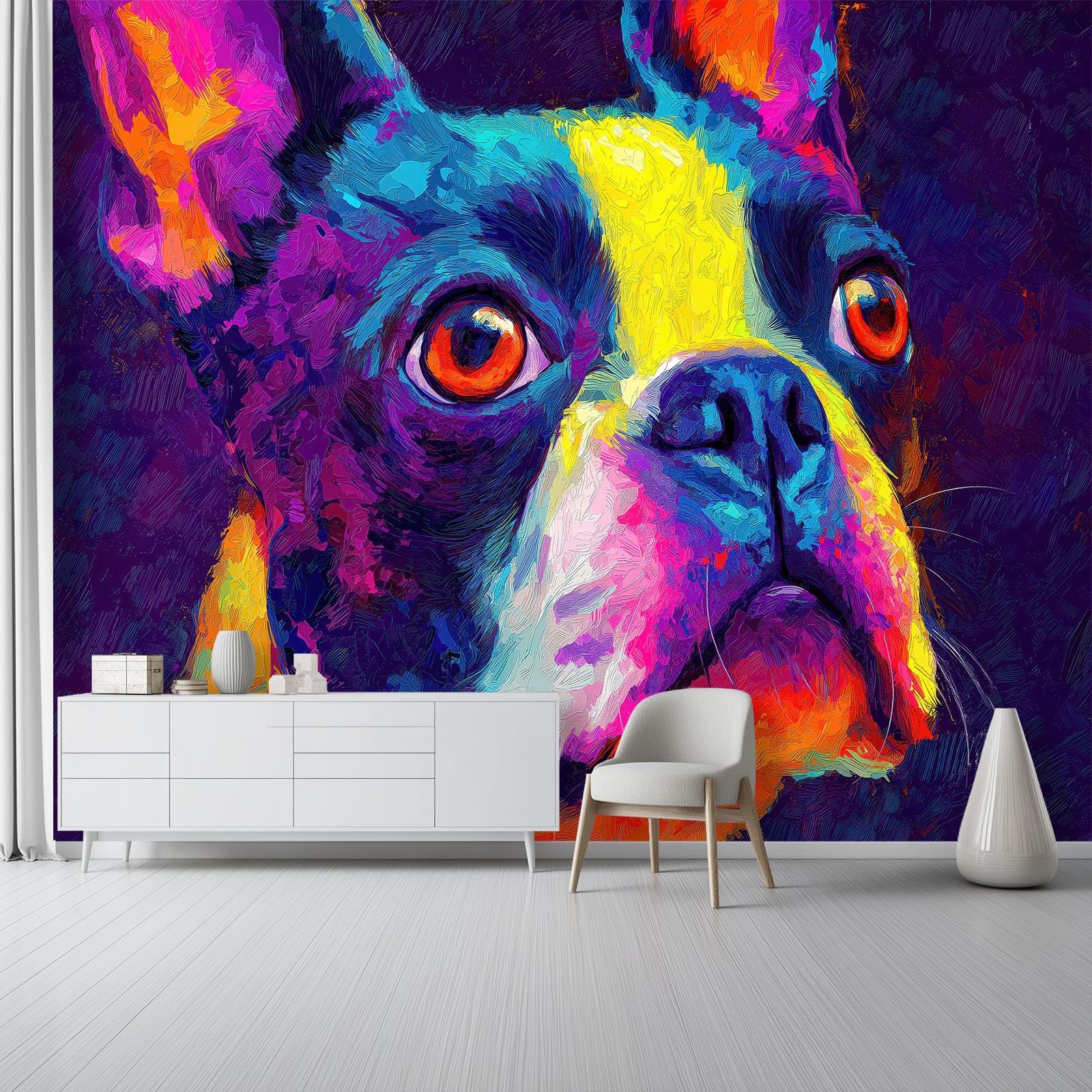 Tapeta z motywem 250 x 175 cm, abstrakcyjny bostoński terrier tapeta z motywem do pokoju dziecięcego i kącika do majsterkowania, kolorowa