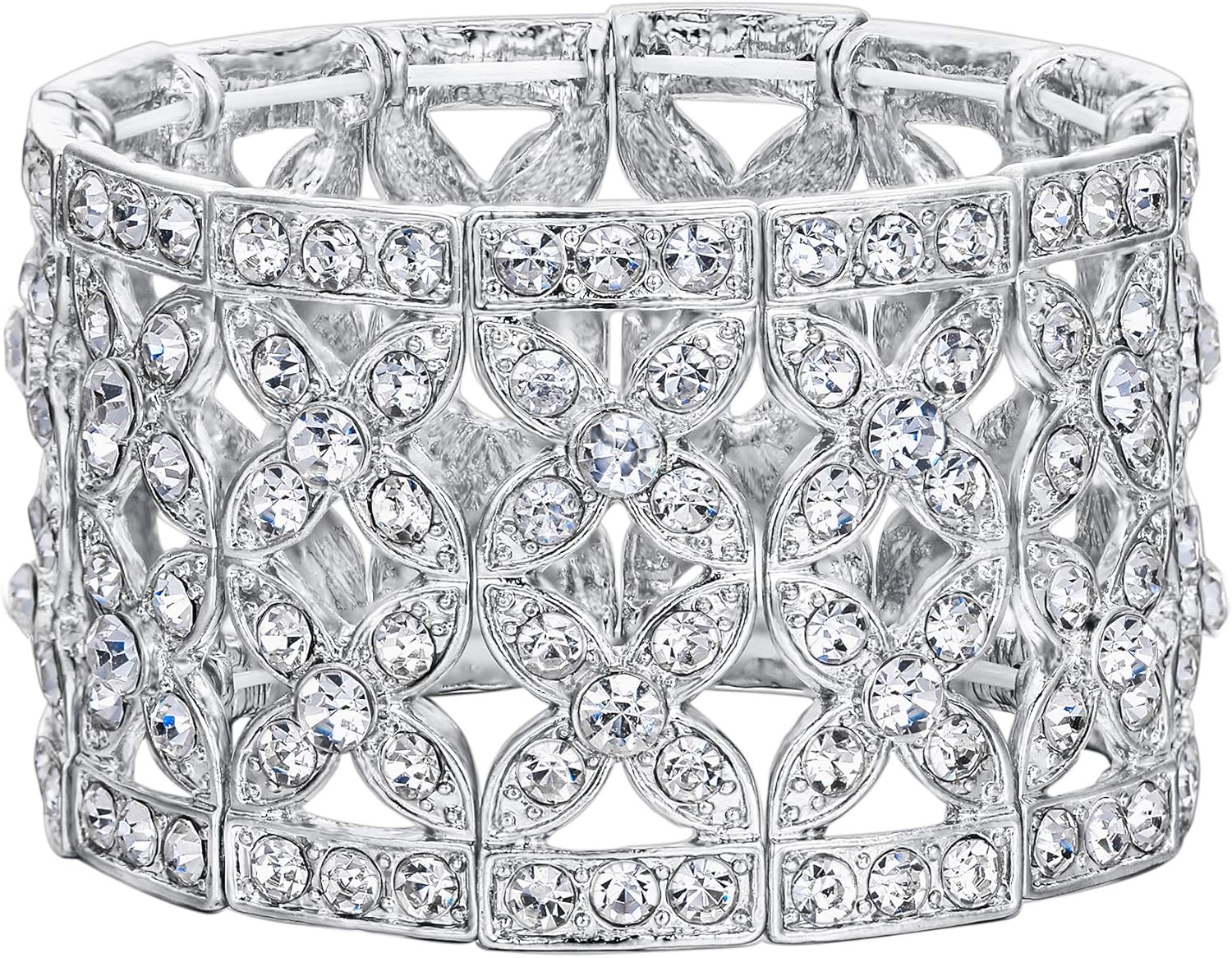 EVER FAITH Women's Austrian Crystal Elegant 2 Layers Hollow-out Bridal Flower Leaf Stretch Bracelet