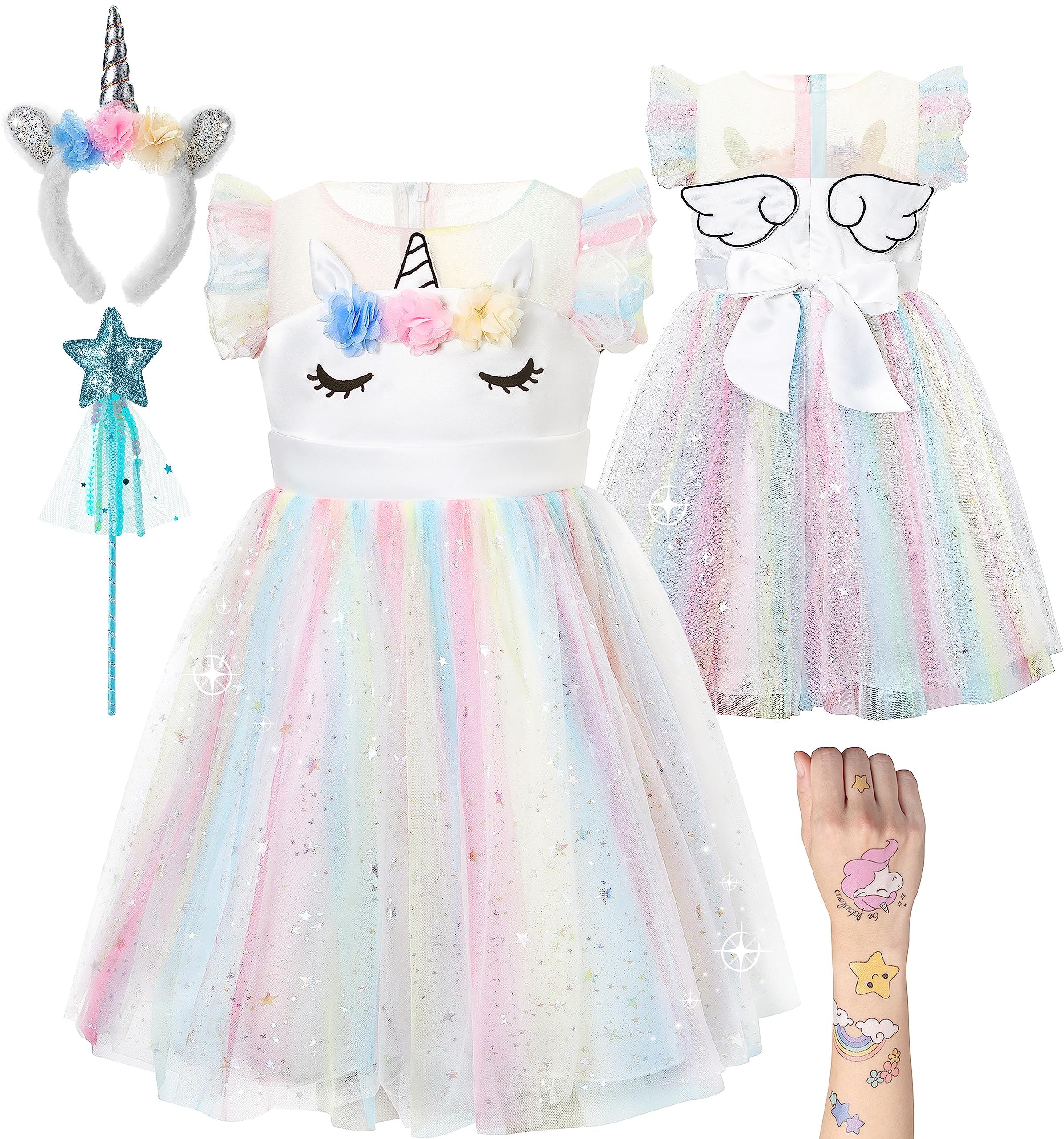 corimori Bequemes Einhorn Kleid für Mädchen mit Flügeln, Haarreif, Glitzer Zauberstab und Tattoos | Einhorn Kostüm Kinder
