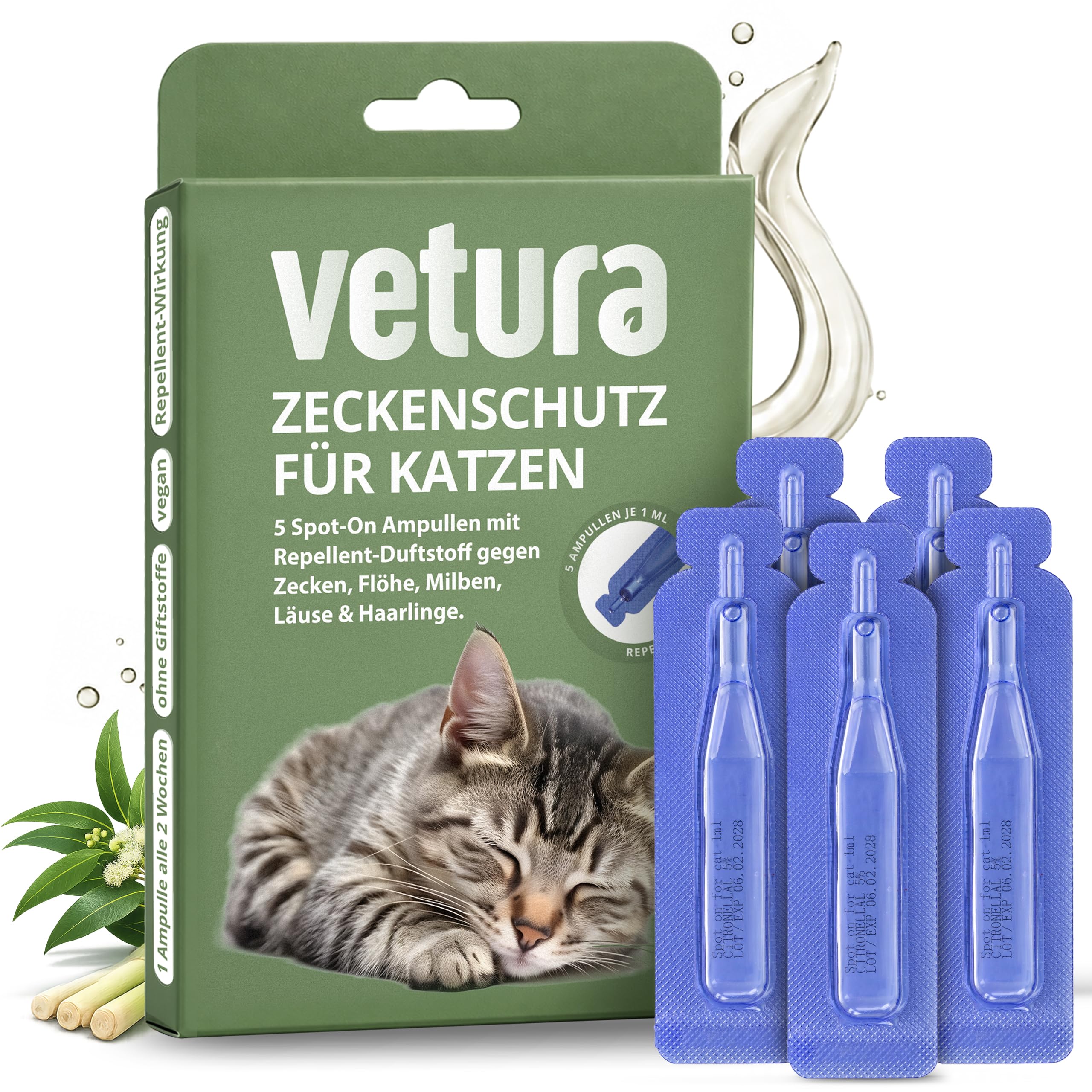 Zeckenschutz für Katzen - Spot-On mit Repellent-Wirkung (Duftstoff) gegen Zecken & Flöhe - 5 Ampullen für 10 Wochen - Für Katzen ab 2 Monaten ohne synthetische Insektizide - Made in Germany