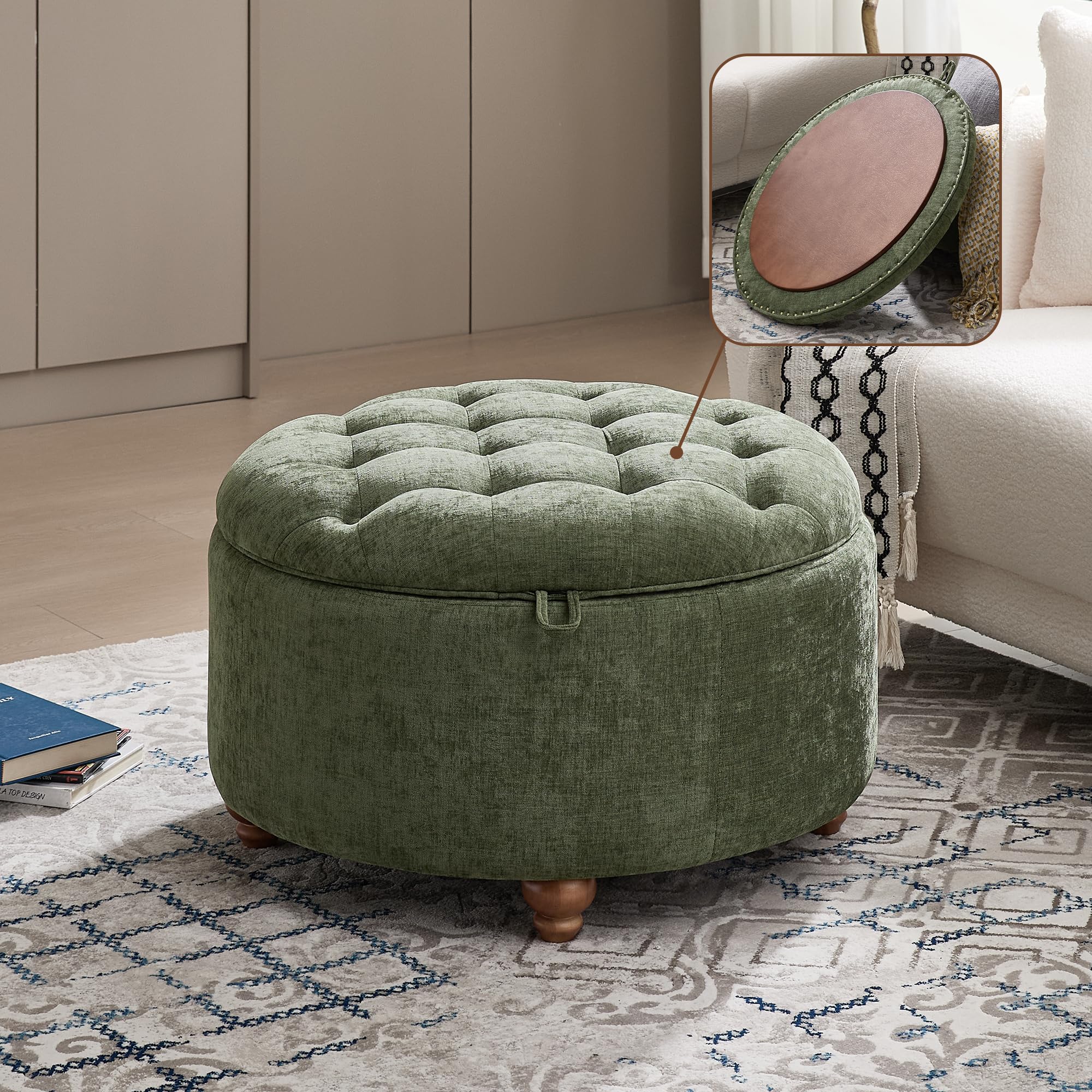 WUTUTUEE 30Inch Round Storage Ottoman with Reversible Tray Lid, Chenille Green