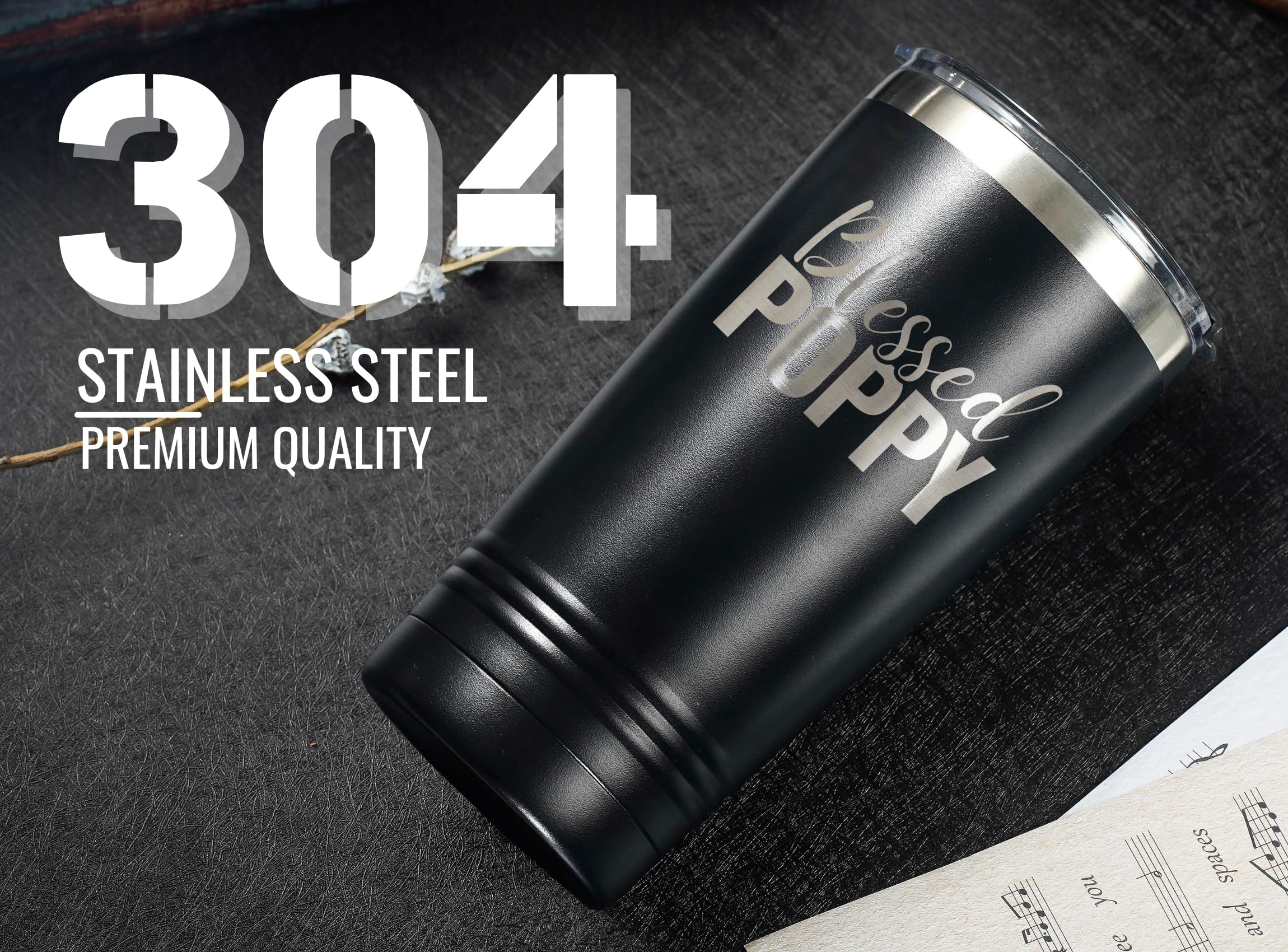 Onebttl Poppy Gifts, Grandpa Gifts from Grandchildren, Father's Day Gifts for Poppy, Laser Engraved Design, 20oz/590ml, Stainless Steel Tumbler with Straw & Lid, Black - Blessed Poppy