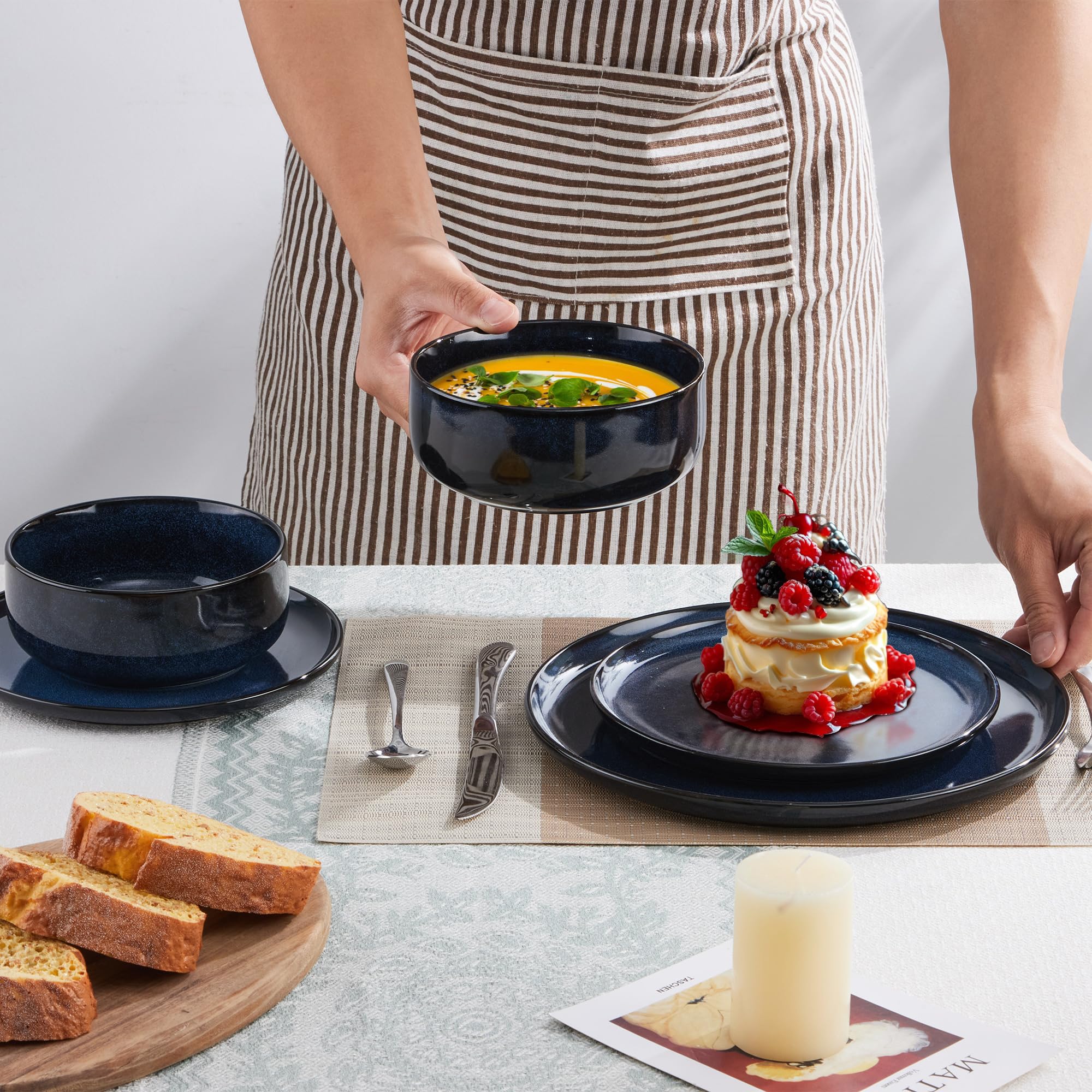 Joyfair Geschirrset 6 Personen, 18-tlg Steinzeug Tafelservice Set, Kratzfest Reaktive Glasur Geschirr Set mit Speiseteller, Dessertteller, Müslischalen, Mikrowellen- & Spülmaschinenfest, Tiefsee Blau