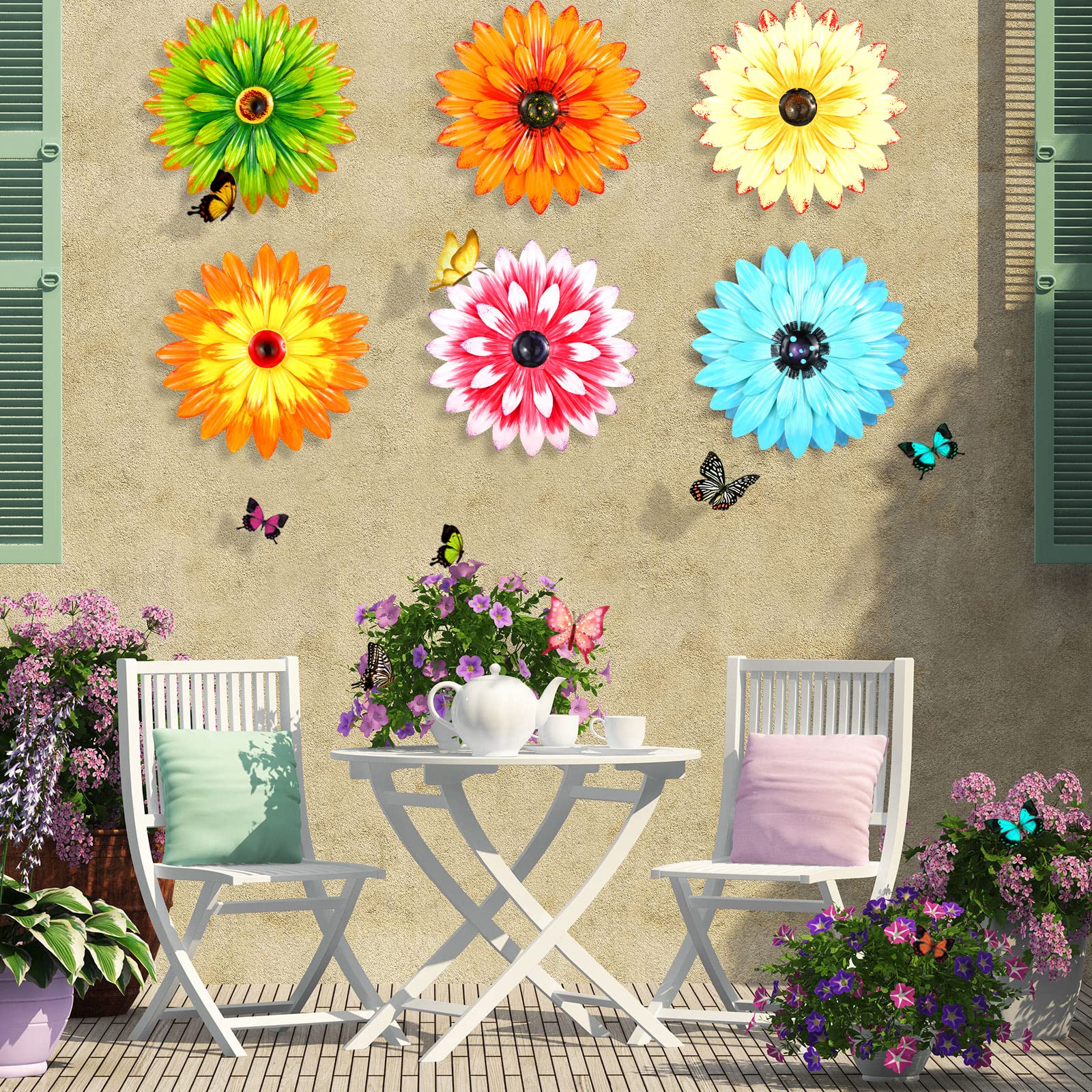 Photect 6 Decoraciones de Pared de Flores de Metal Bohemias Margaritas de Metal en 3D de Múltiples Capas Arte de Flor Colgante de Pared para Exterior Hogar Jardín Patio Salón Baño, 21 cm