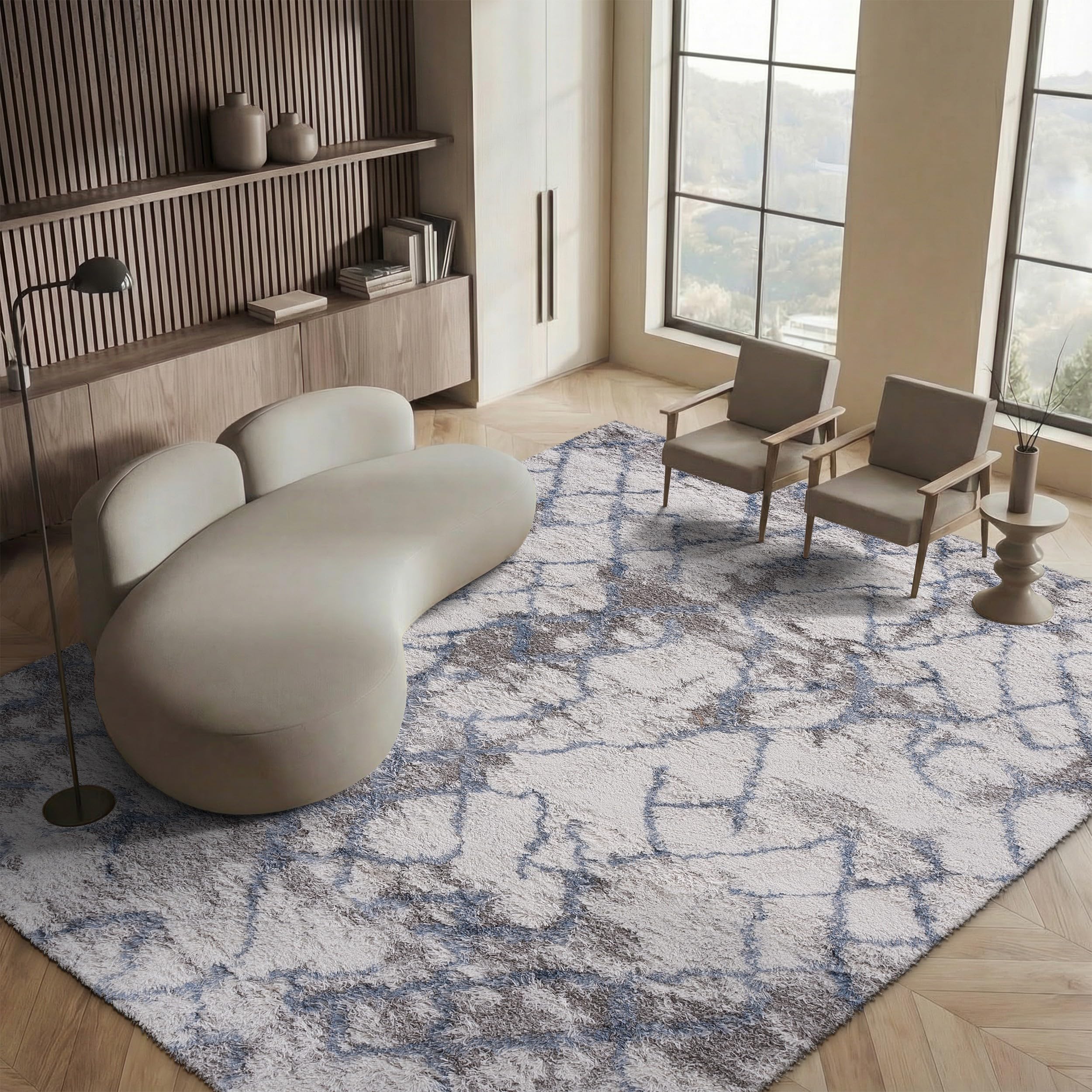 Tapis Shag 160x231 cm ivoire et bleu pour salon Horizon