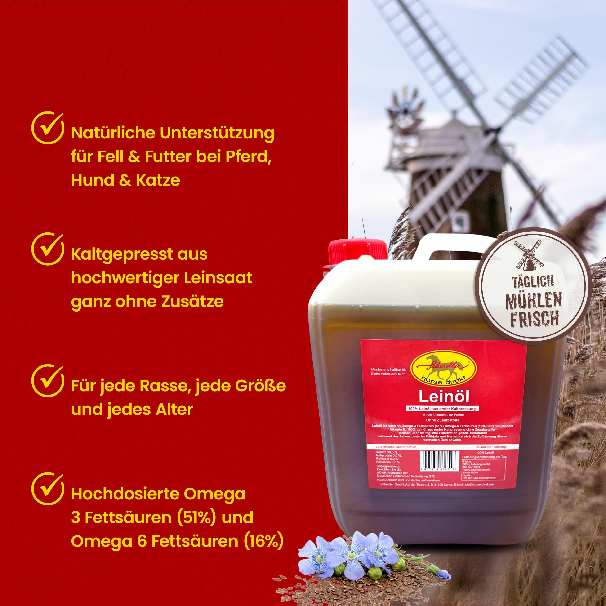 Scheidler horse-direkt Leinöl für Pferde, Hunde & Katzen 10 Liter – Mühlenfrisch kaltgepresstes Leinsamenöl ohne Zusätze – Reich an Omega 3 & 6 für Fellwechsel/Barf Öl – Aus Deutschland
