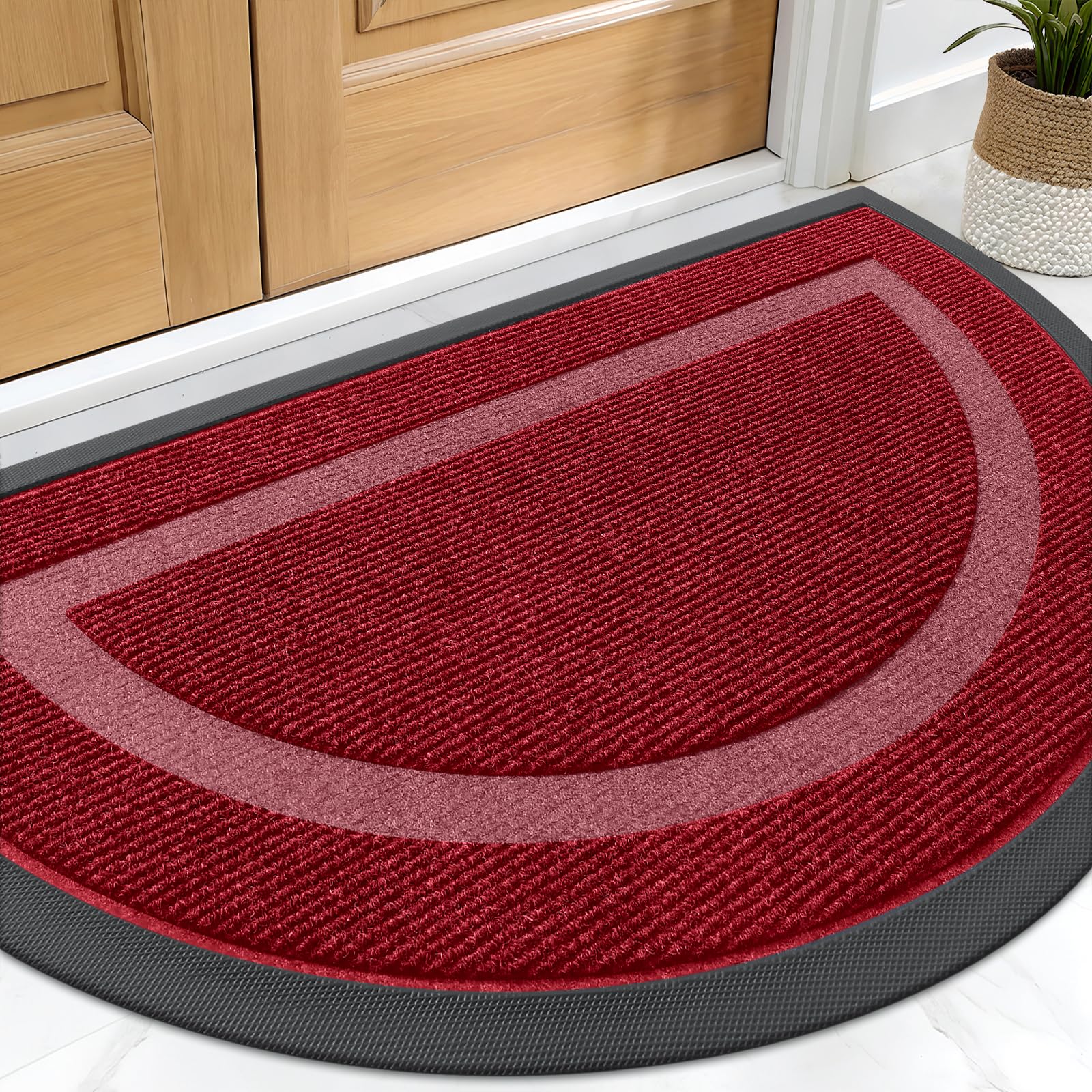 OLANLY Half Circle Front Door Mat Outside 29.5x17 All-Season Rubber Doormat | Wine Red, Absorbent, Heavy-Duty, Stain Fade Resistant, Waterproof Non-Slip Backing, Low-Profile Indoor Outdoor Entryway Mat