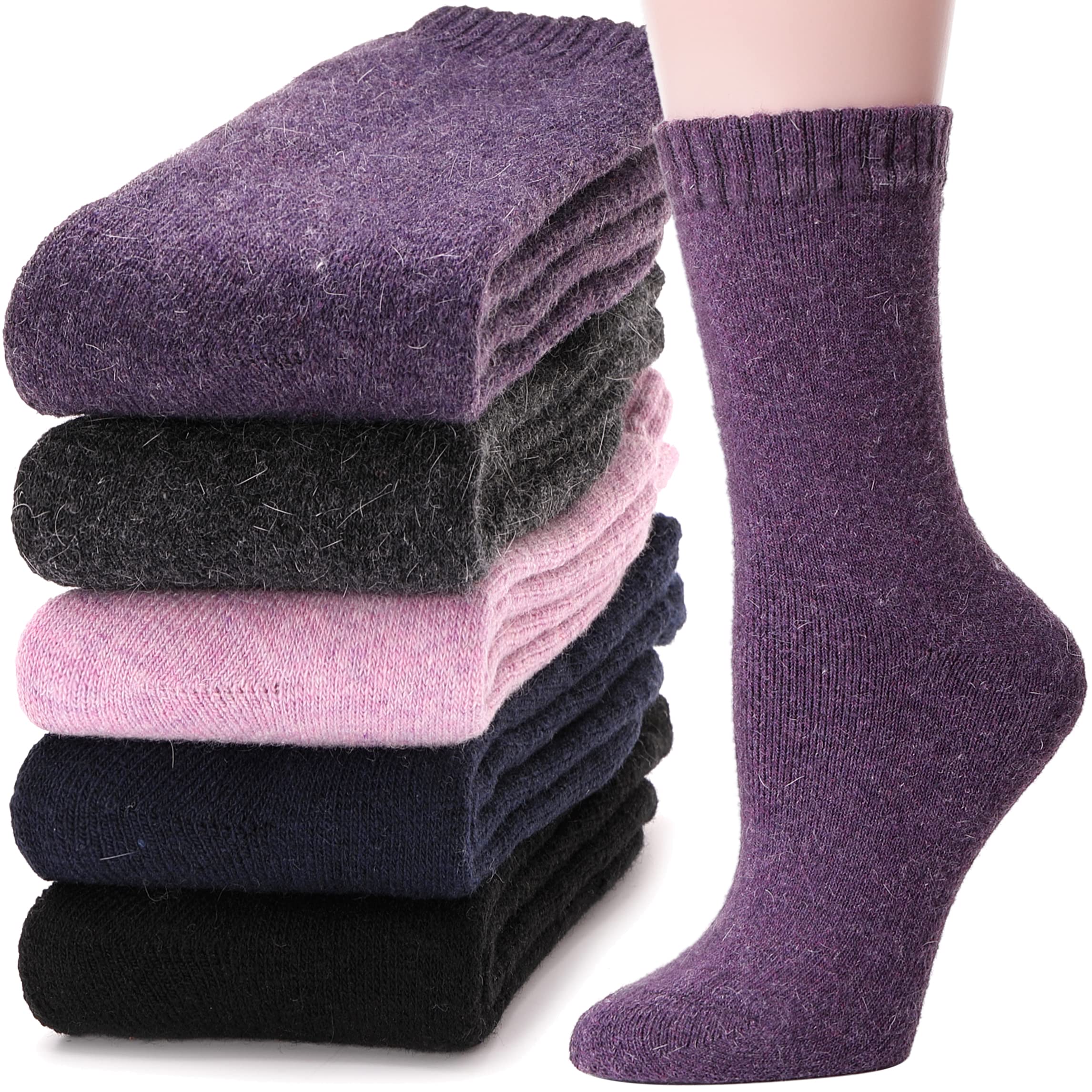 MOGGEI 5 Pairs Womens Merino Wool Socks Hiking Warm Winter Thick Thermal Crew Cozy Cabin Ladies Gift Comfy Boot Work Socks