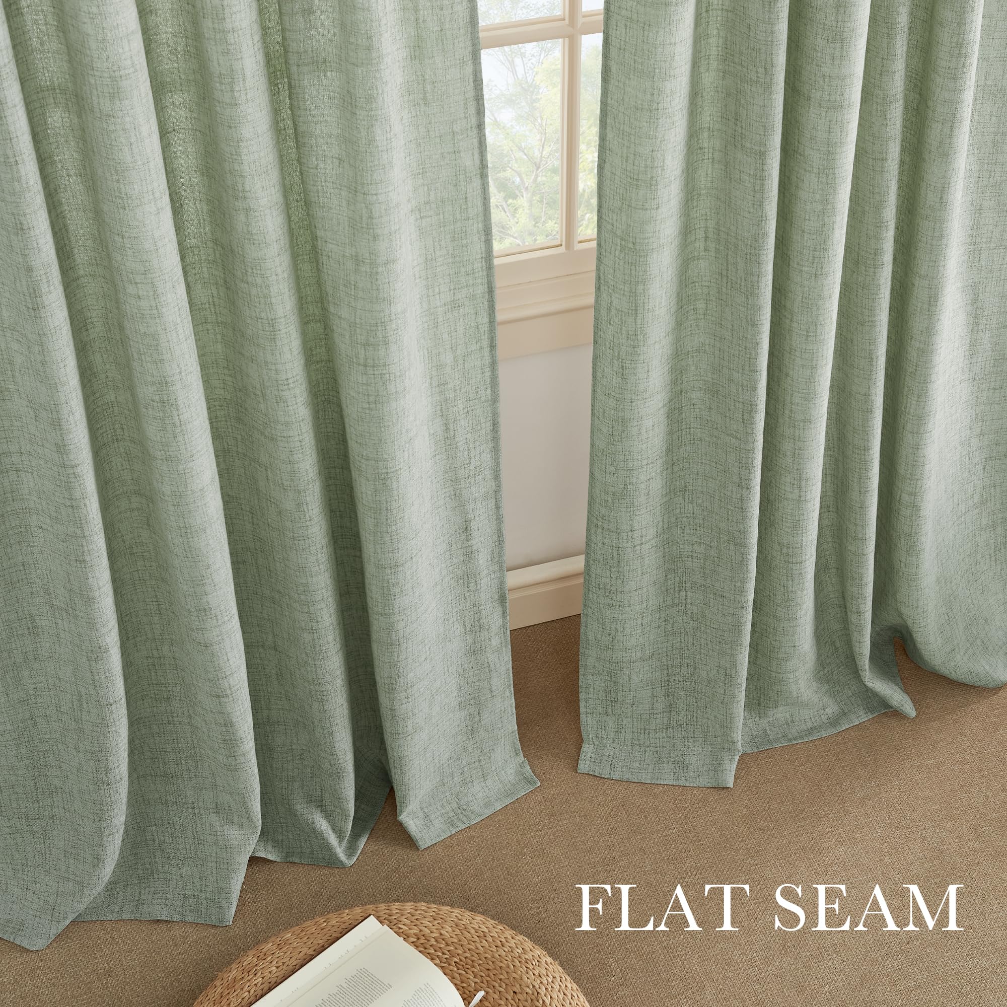 PONY DANCE Rideau Lin Effet - Rideaux Galon Fronceur et Passe Tringle, Protection de la Vie Privée Chic pour Salon Chambre à Coucher Maison Fenetre, L140xH260cm, 2 Panneaux, Vert